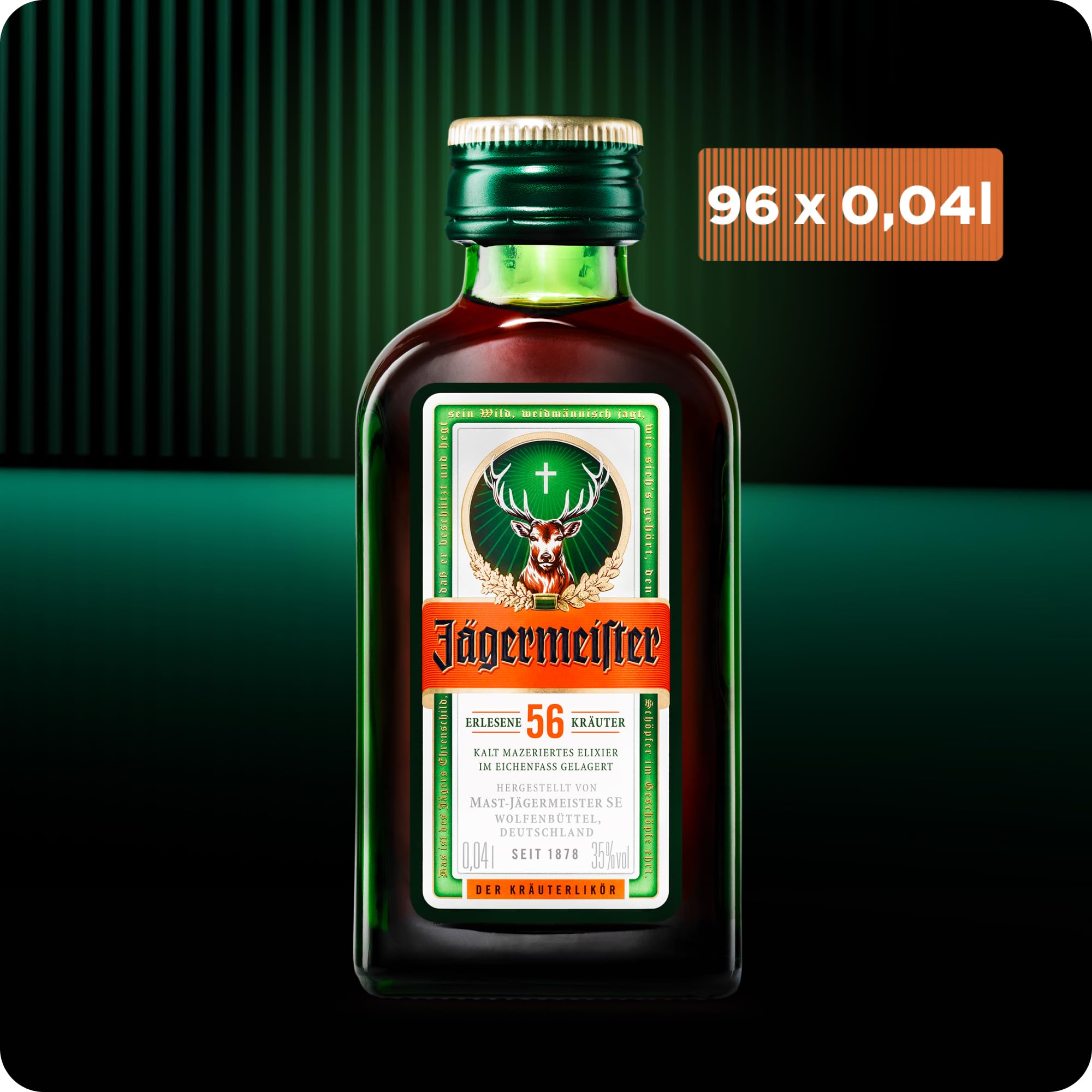 Jägermeister – 96 x 0,04l Premium Kräuterlikör Shots 35% Vol. als Party Geschenk – Aus 56 erlesenen Kräuter – Im Eichenfass gelagert – Das Original aus Wolfenbüttel | 56 erlesene Kräuter – Kalt mazeriertes Elixier – Im Eichenfass gelagert – Das Original a