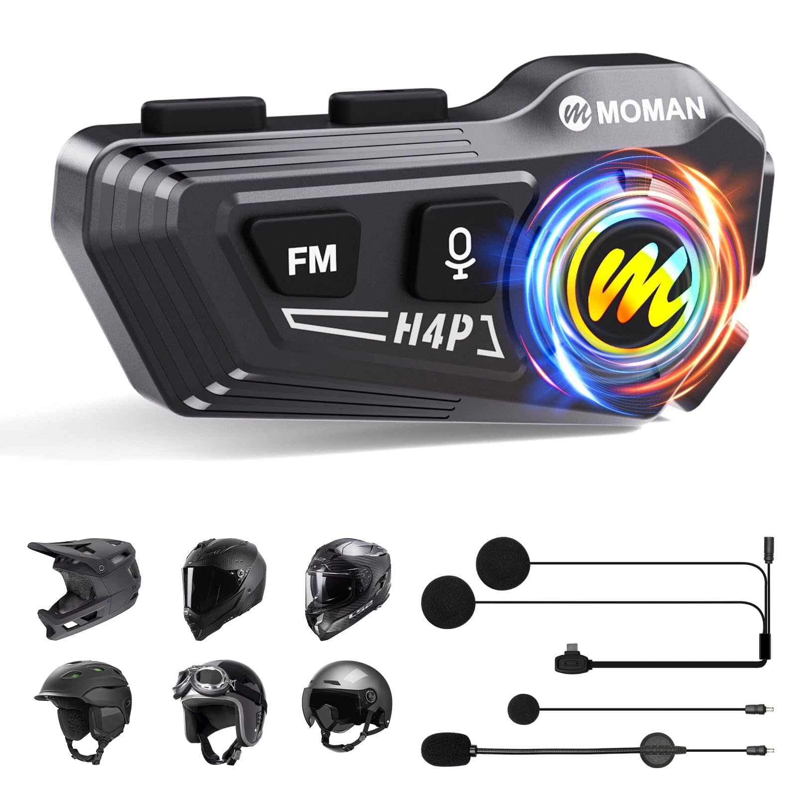 Moman Écouteurs Casque Moto-1000mAh Batterie, RS-H4P Kit Main Libre Moto avec HiFi Haut Parleur Micro Soft/Hard Double Réduction du Bruit RGB/Radio FM/AI Commande Vocale Étanche IPX6