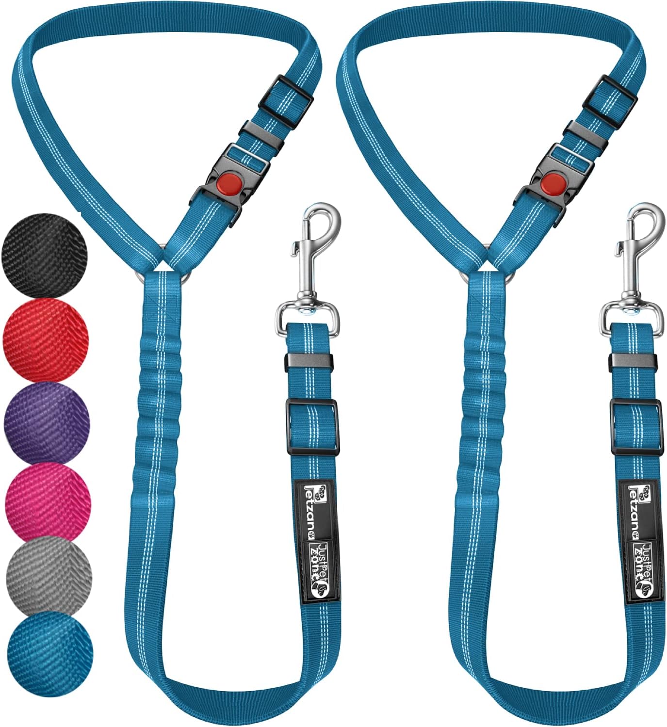 Comfortable Dog Seat Belt Harness for Car – 2-in-1 Leash and Restraint Secures to Headrest. Adjustable Bungee, Strong, Durable, 360 Degree Swivel Attach Won’t Twist, Reflective, Easy to Use (Blue)