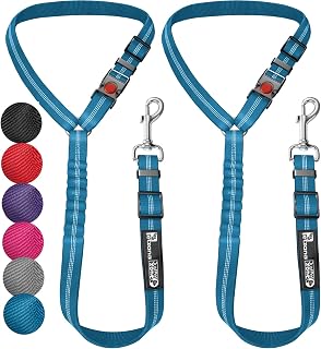 Comfortable Dog Seat Belt Harness for Car - 2-in-1 Leash and Restraint Secures to Headrest. Adjustable Bungee, Strong, Durable, 360 Degree Swivel Attach Won't Twist, Reflective, Easy to Use (Blue)