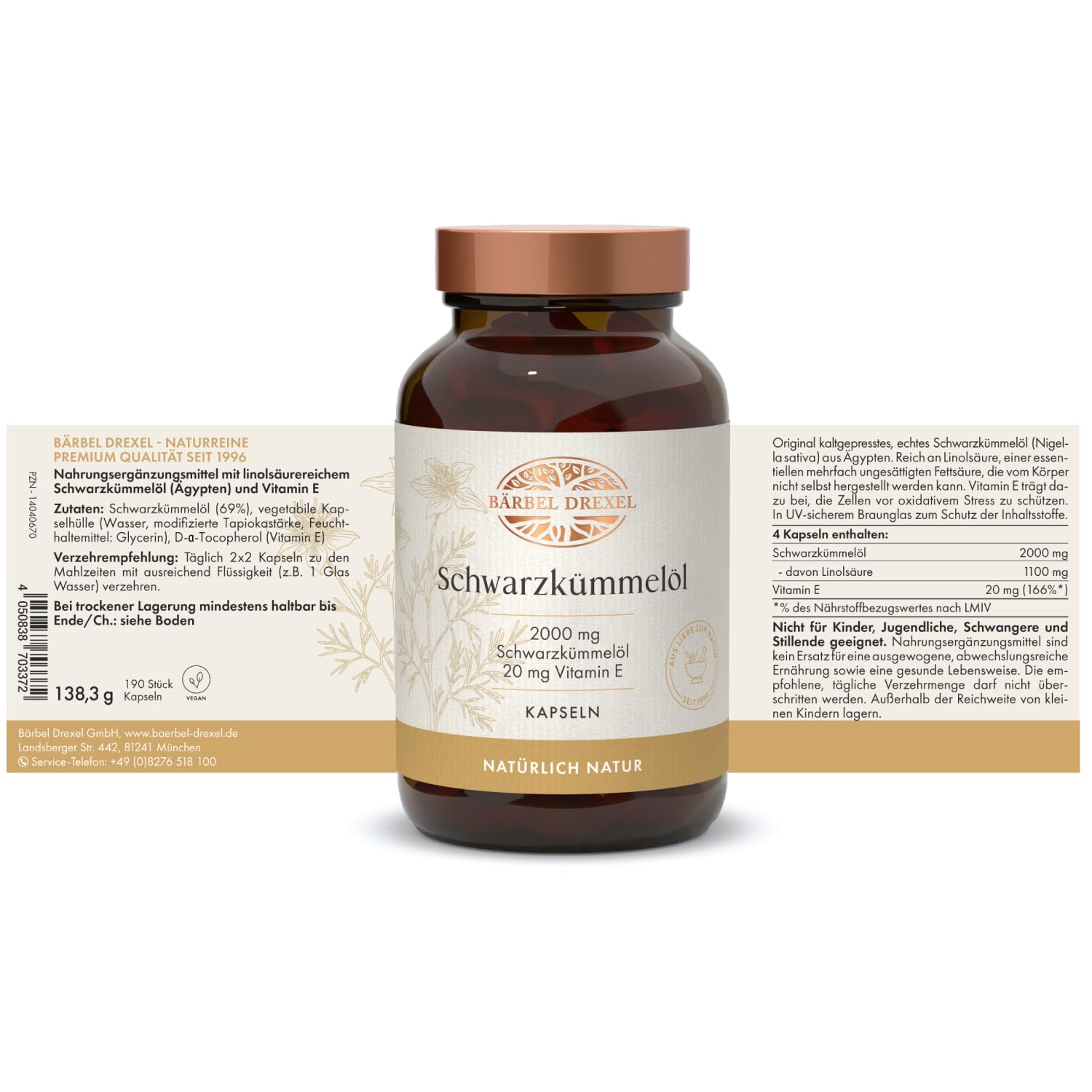 Schwarzkümmelöl Kapseln Hochdosiert Ägyptisch Vegan (190 Stk) 2000 mg pro Tagesdosis, naturbelassen, kaltgepresst, Linolsäure & Vitamin E Naturheilkunde Schwarzkümmel BÄRBEL DREXEL®