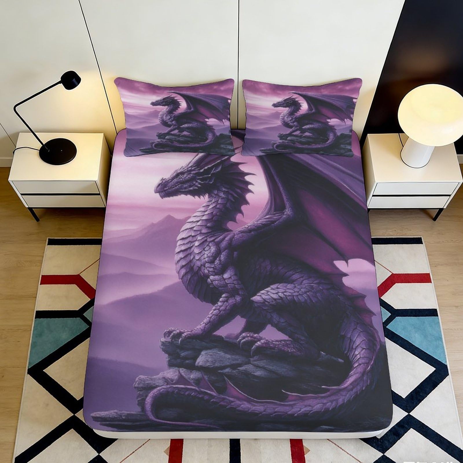 3D Printed Purple Dragon Fitted Sheet Microfiber Soft Breathable Fantasy Creature Bed Cover for Bedroom Dorm Mattress Protector 90x200x25cm