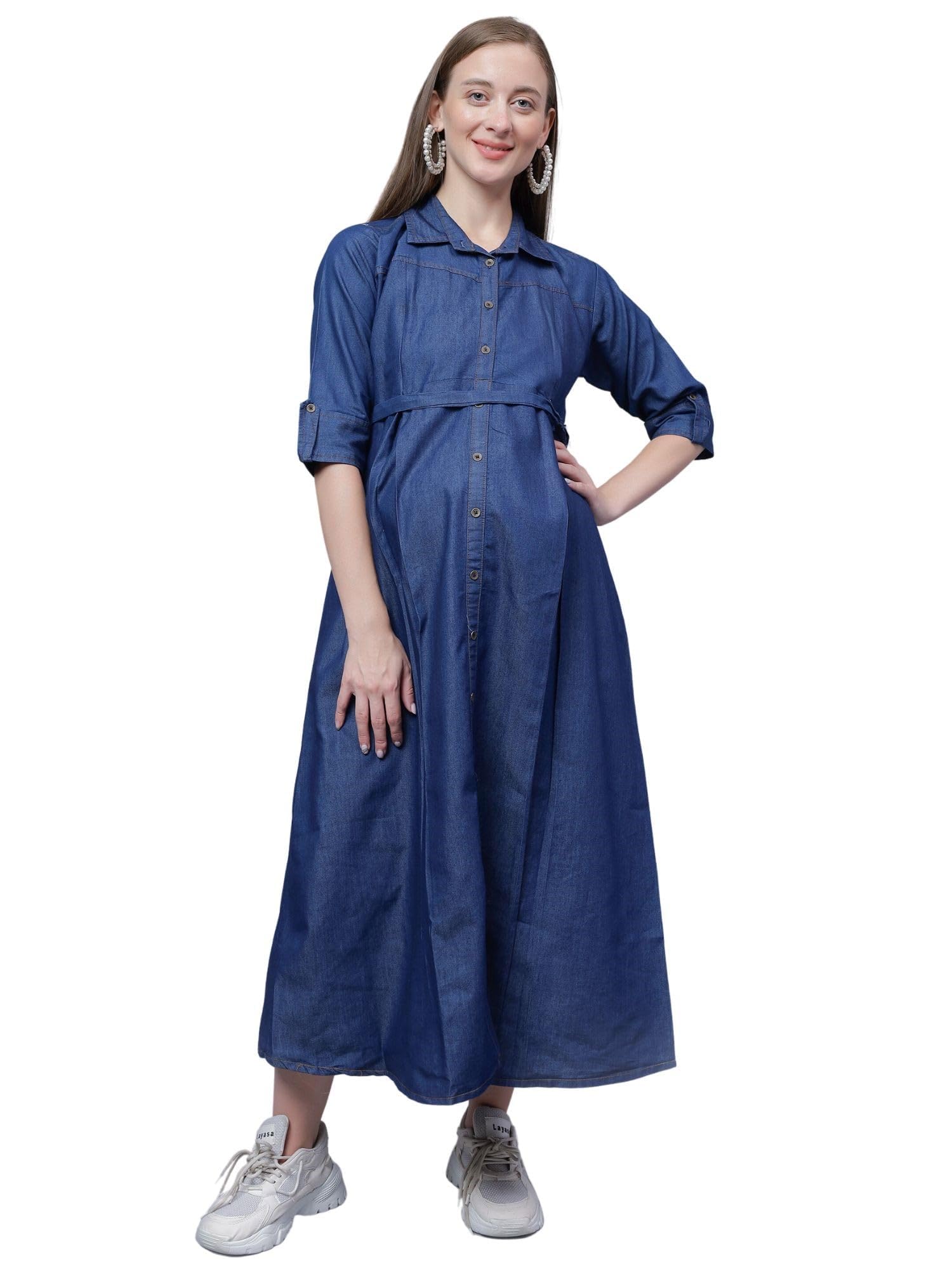 Women's Cotton Denim Mandarin Collared Maternity Dress Feeding Kurti with Zipper (1497-Midnight Blue_2XL)-image-3
