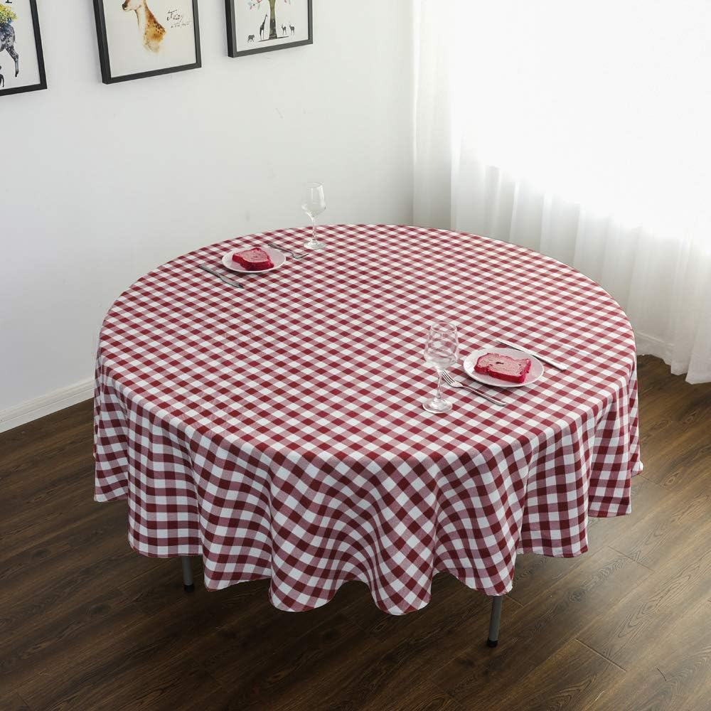 YRYIE 60 Inch Round Tablecloth Gingham Burgundy Checked Tablecloth Fabric for Round