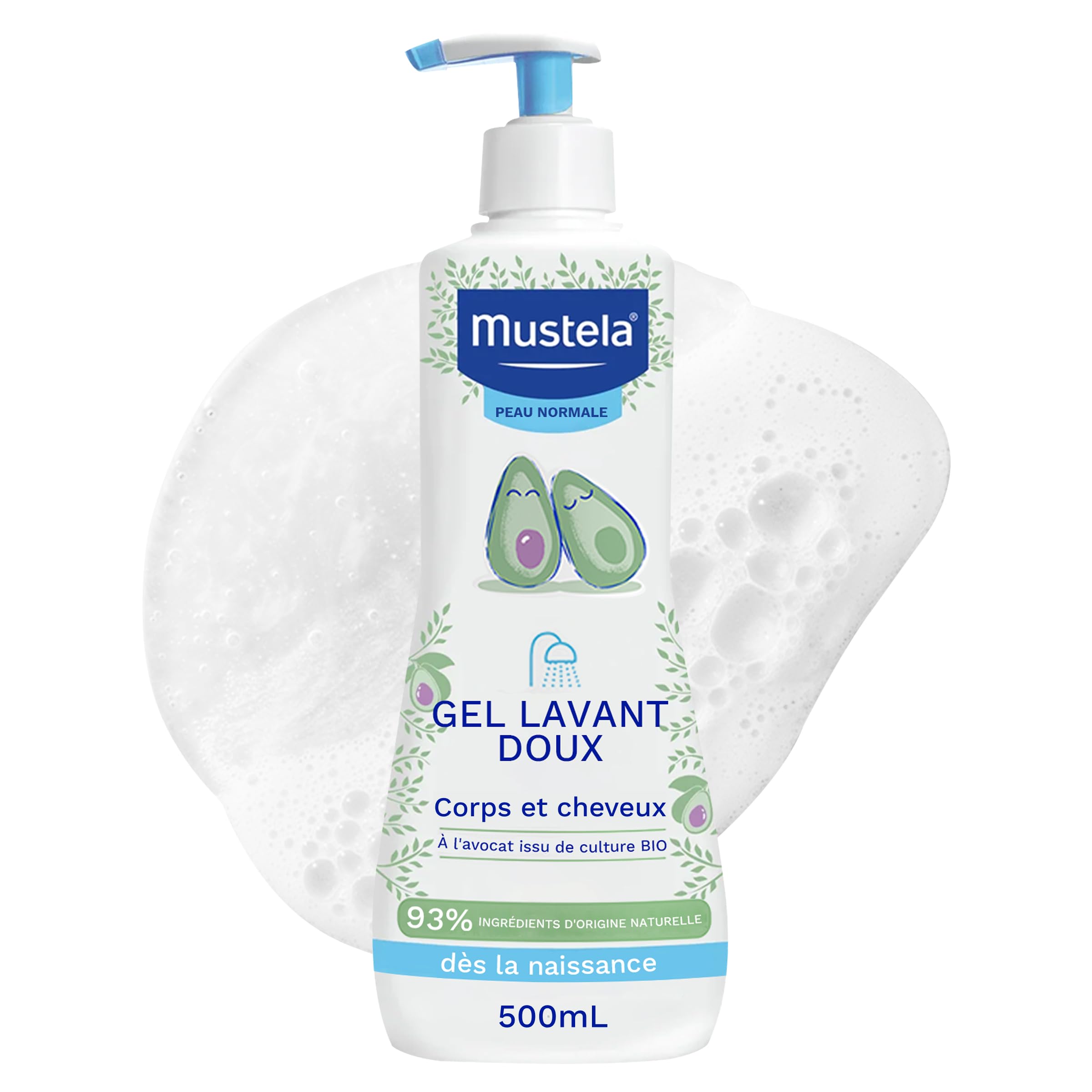 Mustela - Gel Lavant Bébé Doux - Produit Bébé Apaisant à l'Avocat BIO pour Corps et Cheveux - 93% d'Ingrédients d'Origine Naturelle - Peau Normale - Flacon Pompe Usage Quotidien - Haute Tolérance