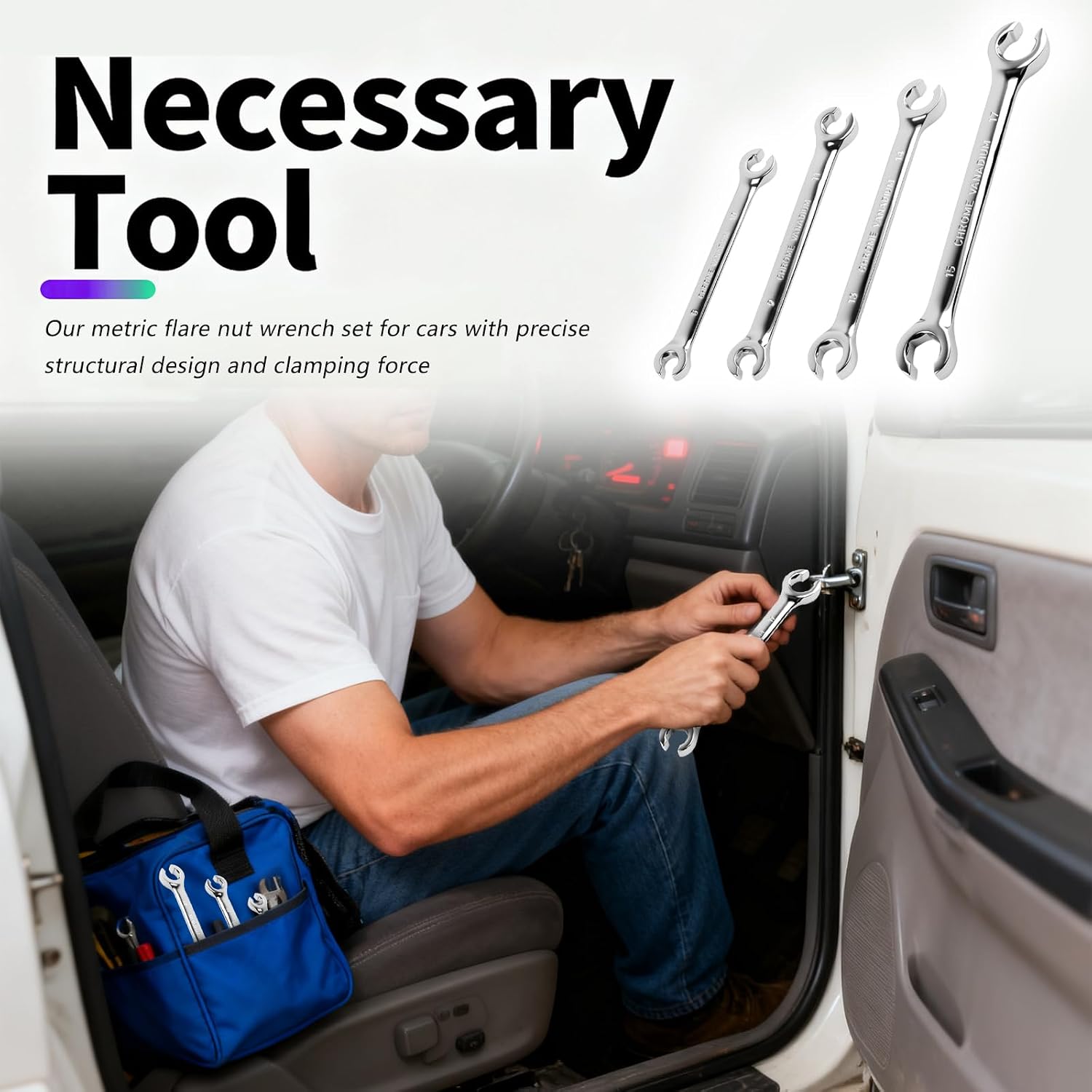 4PCS Carbon Steel Brake Line Wrench Set with 8mm/10mm/9mm/11mm/13mm/14mm/15 mm/17mm,Double-ended Offset Flare Nut Wrench Set for Detaching Nuts,Metric Flare Wrenches Sets for Car