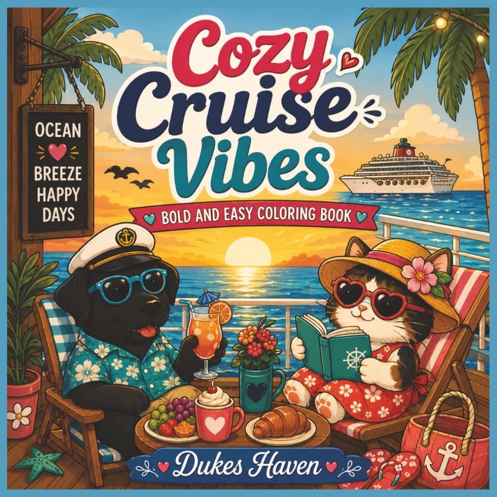 Cozy Cruise Vibes: Cozy Cruise Vibes: Bold and Easy Coloring Book for Adults and Teens Featuring Relaxing Cruise Ships, Tropical Sunsets, Ocean Adventures, and Cute Vacation Scenes