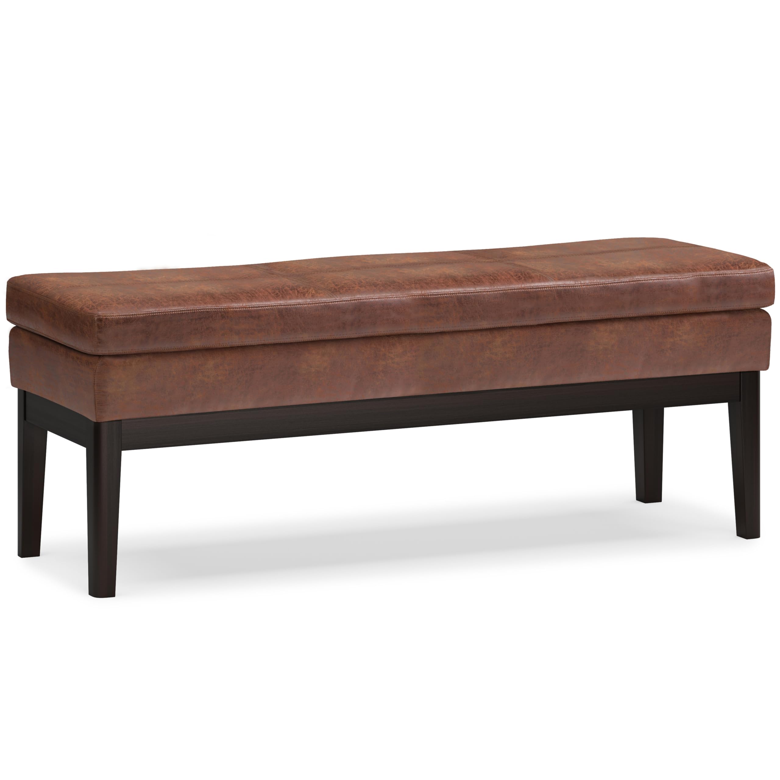 SIMPLIHOME Carlson Ottoman Bench - 45 inch Wide Upholstered Vegan Leather Rectangle Ottoman in Distressed Saddle Brown, Mid Century Modern Bench for