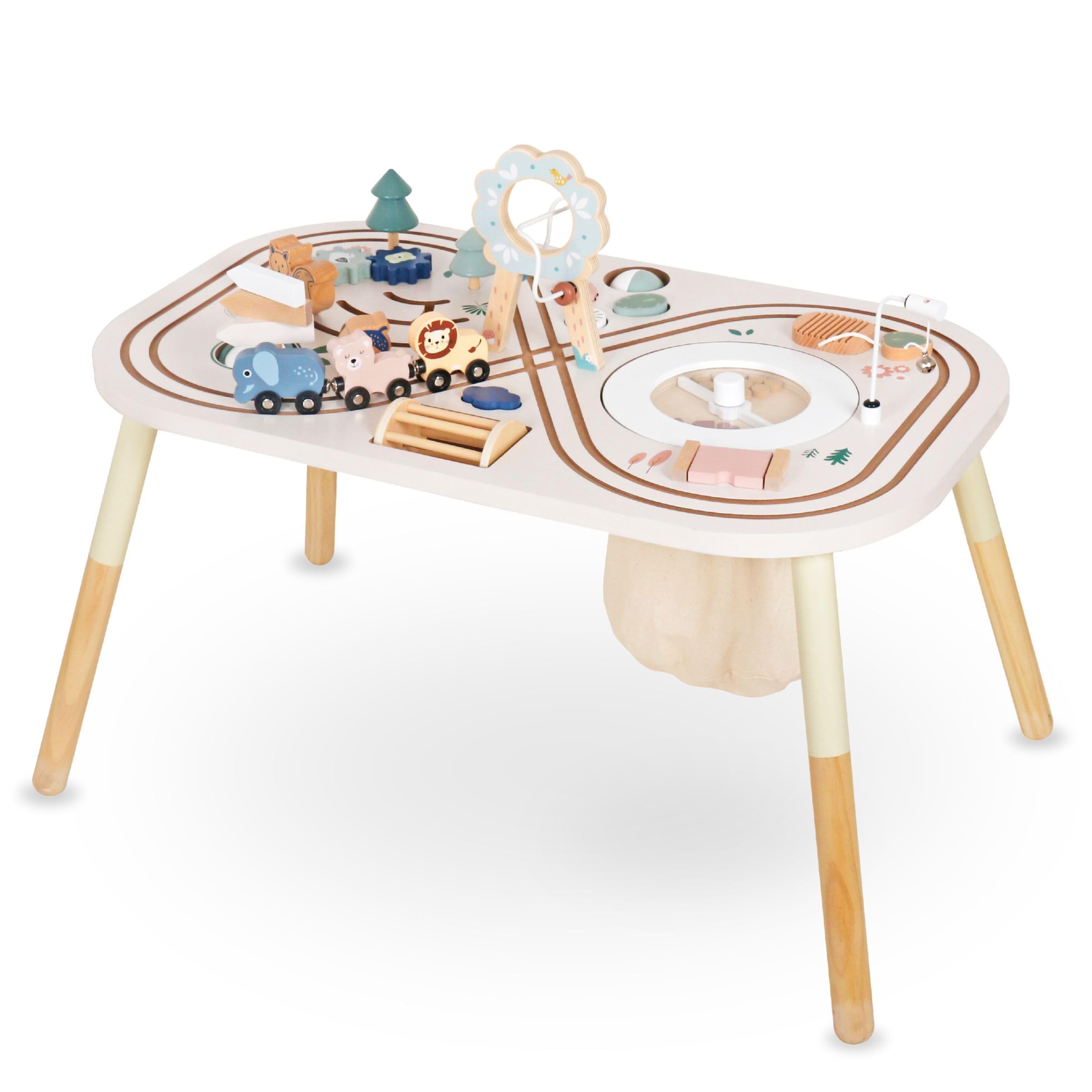 mamabrum Mesa Educativa de Madera 10 en 1 - Juguete Didáctico con Actividades Sensoriales para Niños +1 Año - Centro de Juegos con Engranajes, Laberinto y Tren - 81x52x64,5 cm