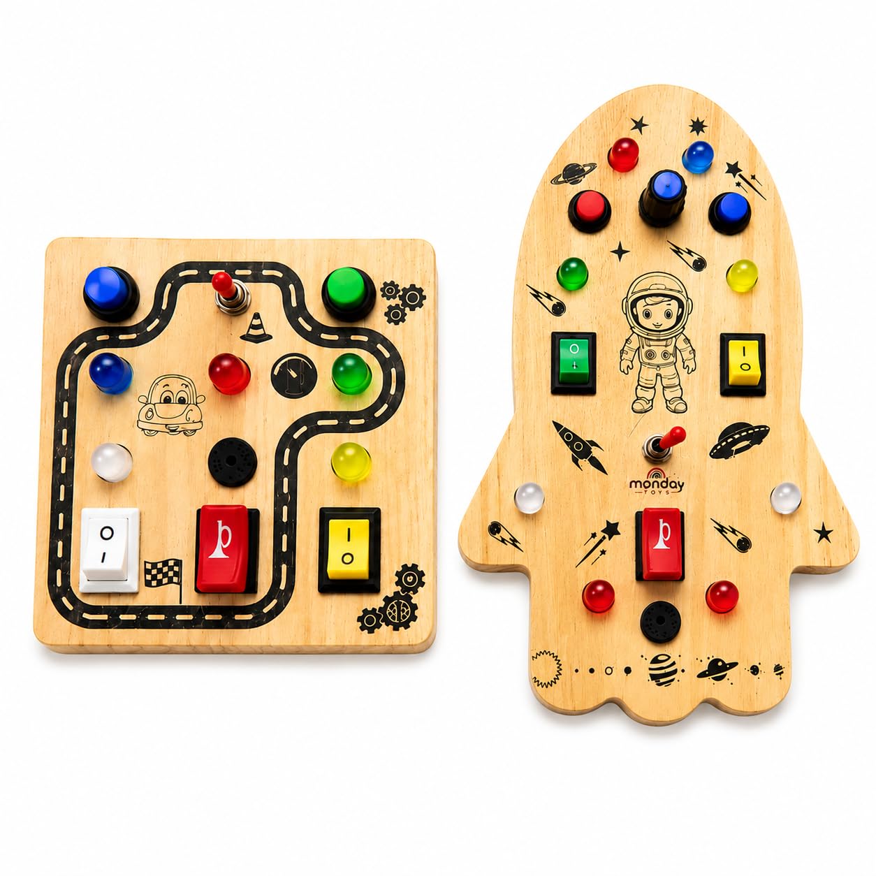 Montessori Busy Board Combo for Kids (Rocket & Racing Road) | Wooden Sensory Activity Board with LED Lights, Sound & Switches | Screen-Free Educational Toy for 9 Months-4 Years-image-17