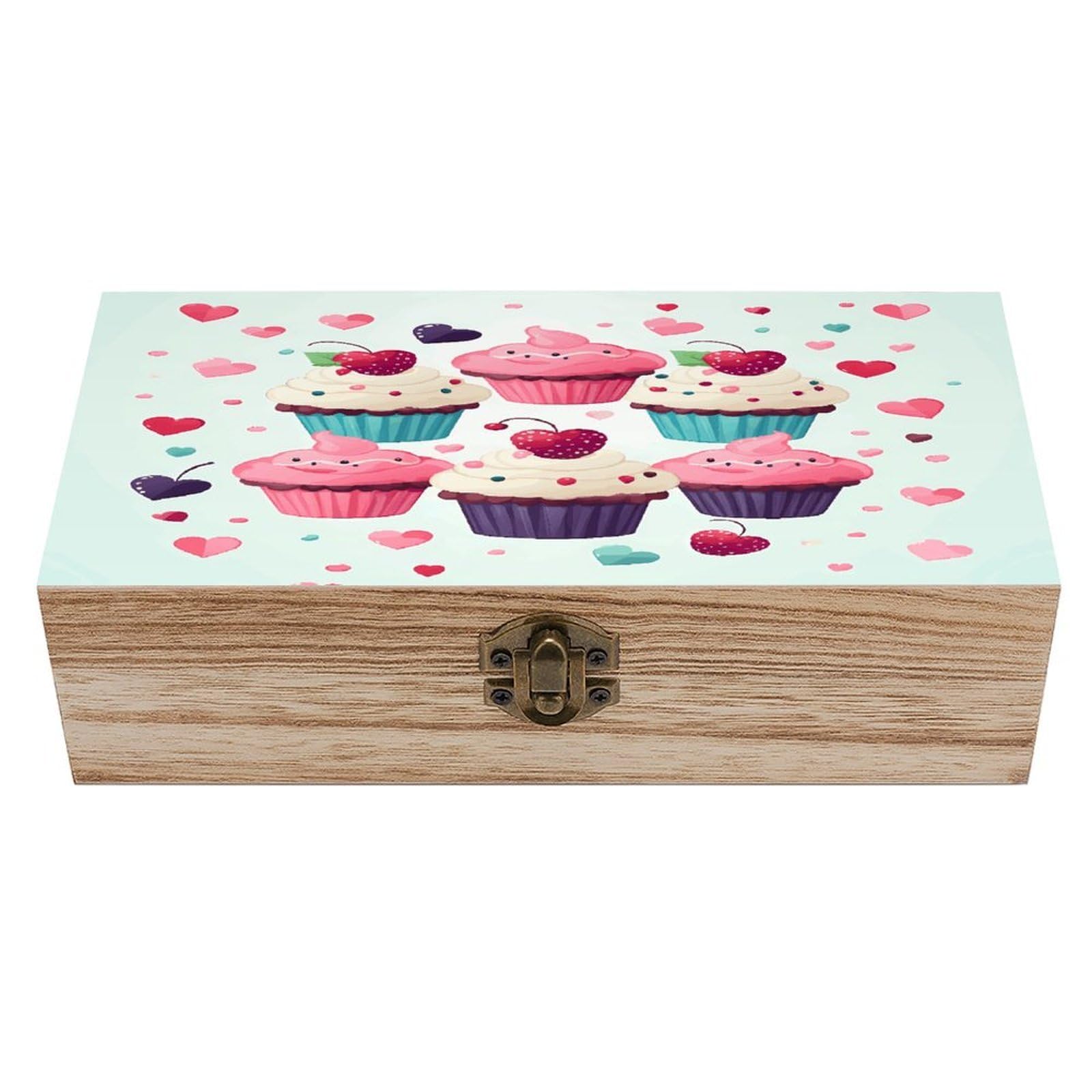 Cupcake Candy Hearts Sweet Wood Keepsake Box Wooden Box with Hinged Lid