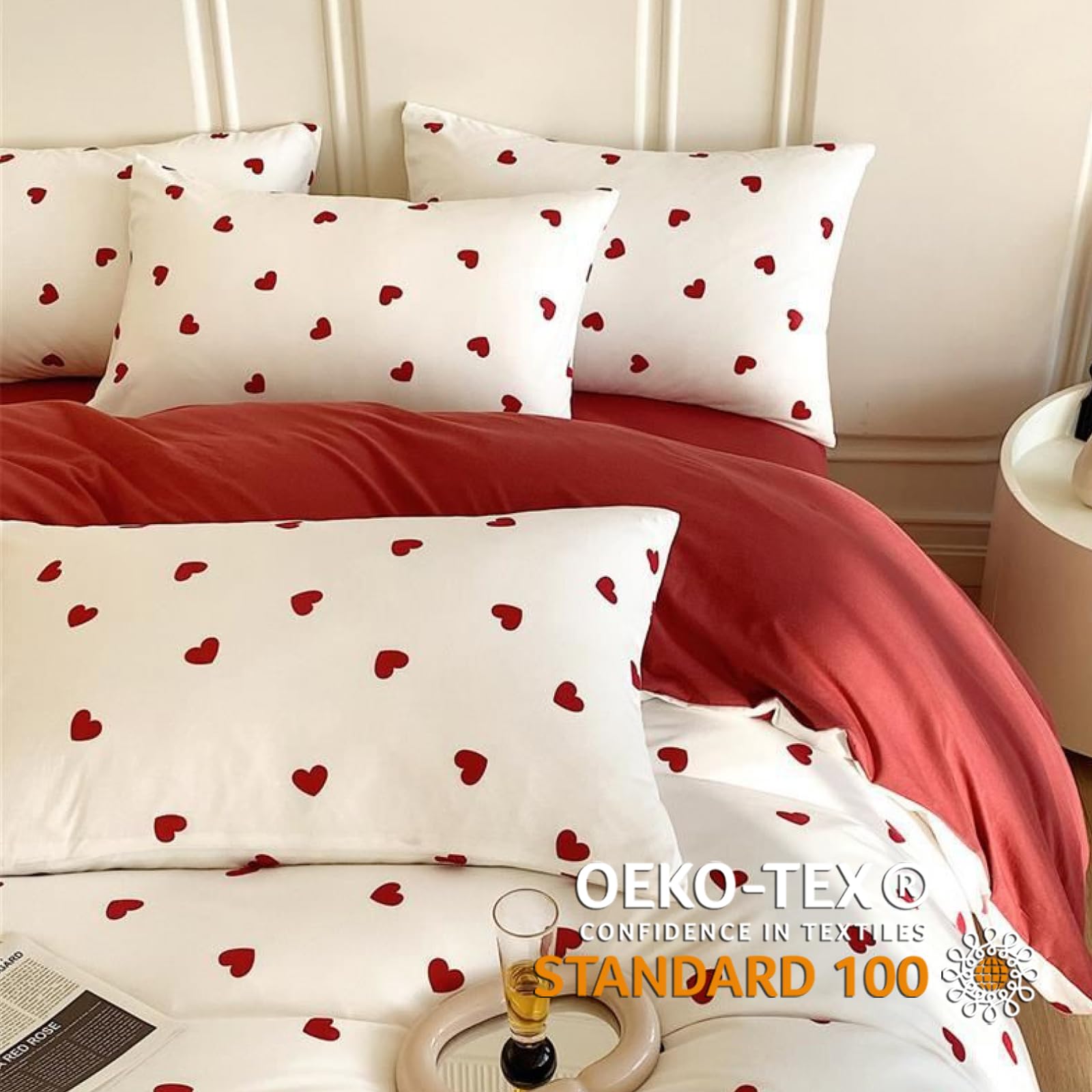 Freyamy Housse de Couette 200x200cm+2 Taie d'oreiller 65x65cm Coeur Imprimé Rouge Blanc Parure de lit 2 Personnes Adulte Motif du Cœur Sets de Housse Couette en Microfibre avec Fermeture Éclair