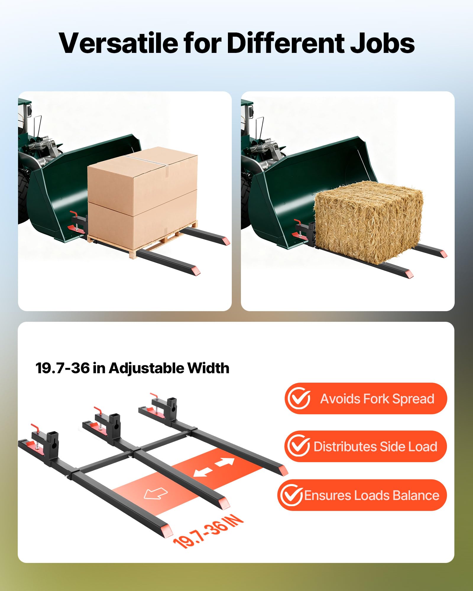 VEVOR Forche per Pallet con Morsetto da 907 kg Lunghezza Totale 149 cm, Forche per Trattori per Impieghi Gravosi con Barra Stabilizzatrice Regolabile per Accessori per Trattori, Benna di Carico