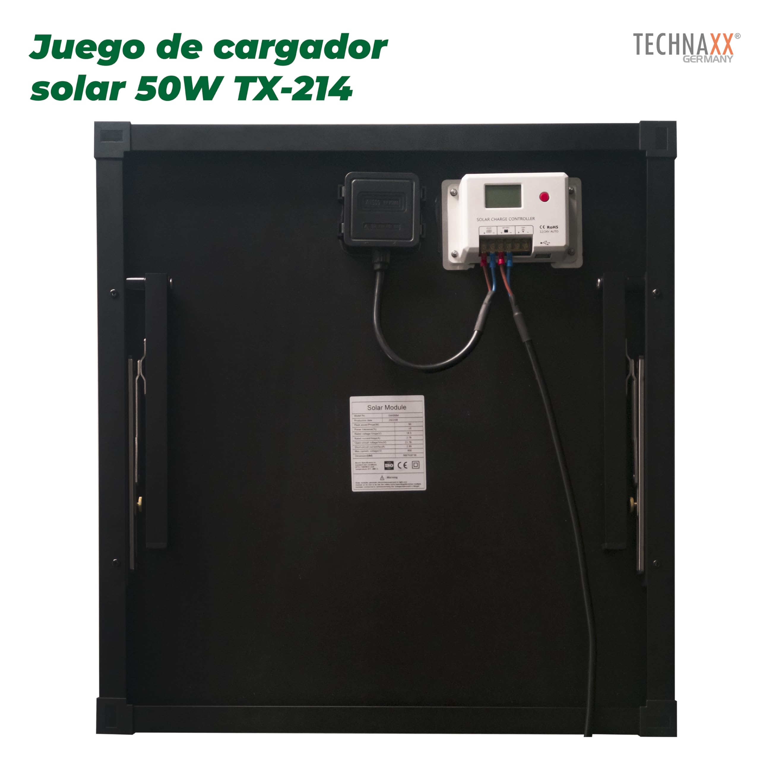 Technaxx 50W Solar Charger Set TX-214 - Panel portátil de energía solar monocristalino con controlador de pantalla LCD - Ideal para jardín, camping