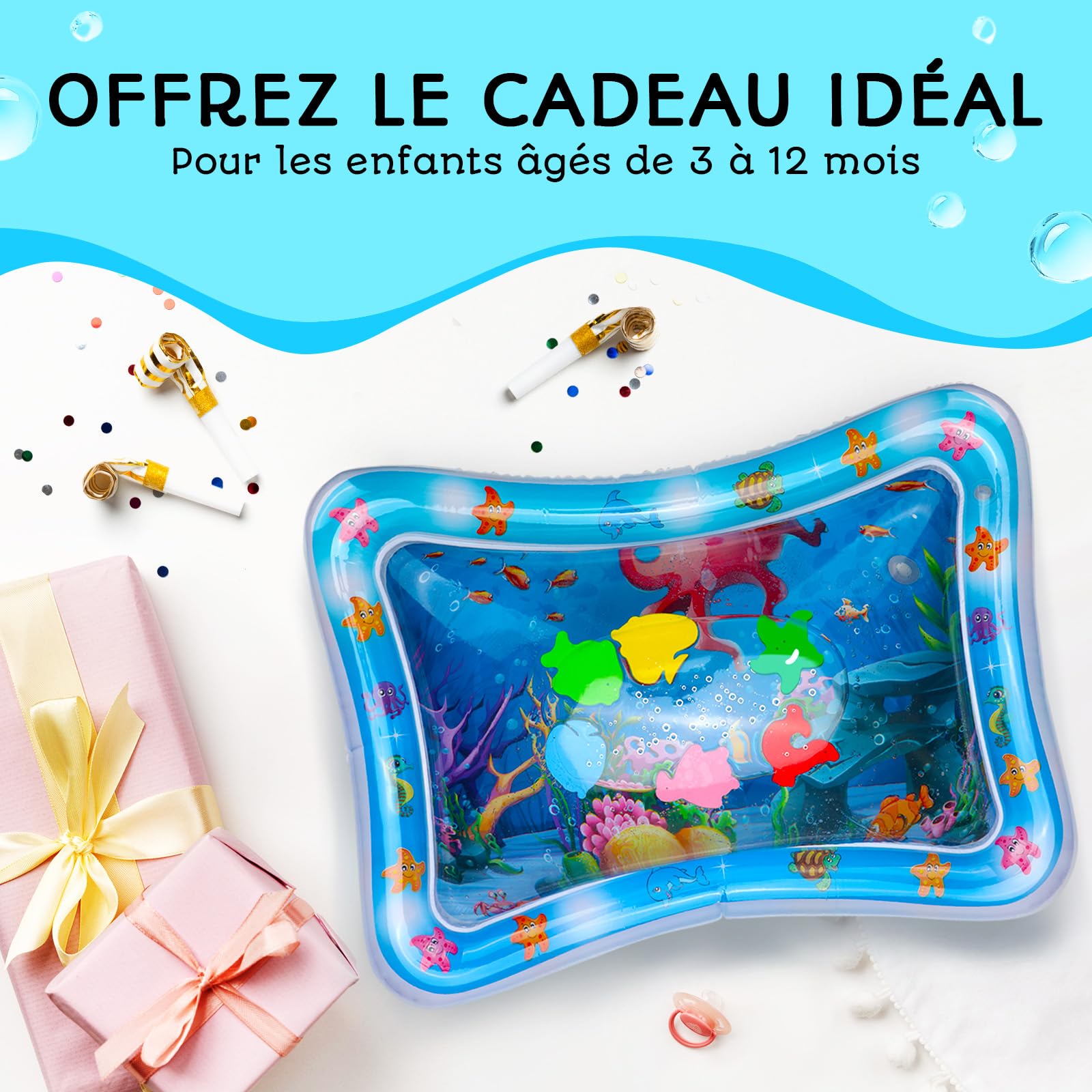 Tapis d’Eau Bébé – Tapis d’Éveil Sensoriel Gonflable sans BPA | Jouet d’Éveil & de Motricité pour Bébés – Tapis de Jeu d’Eau Non Toxique