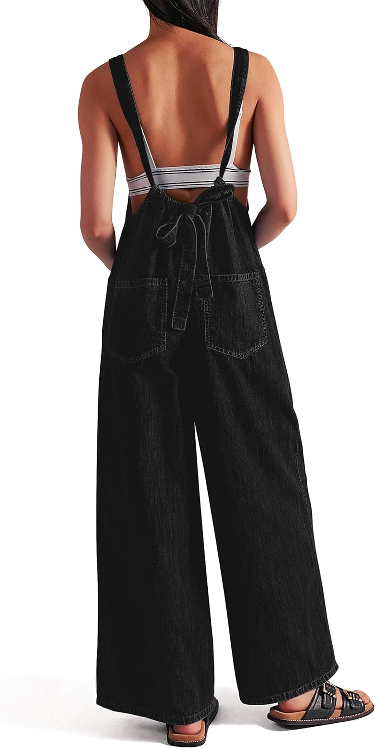 Denim Overalls for Women Jean Jumpsuit Wide Leg Adjustable Tie-Back Straps Loose Fit Baggy Jumpers Rompers - Image 2
