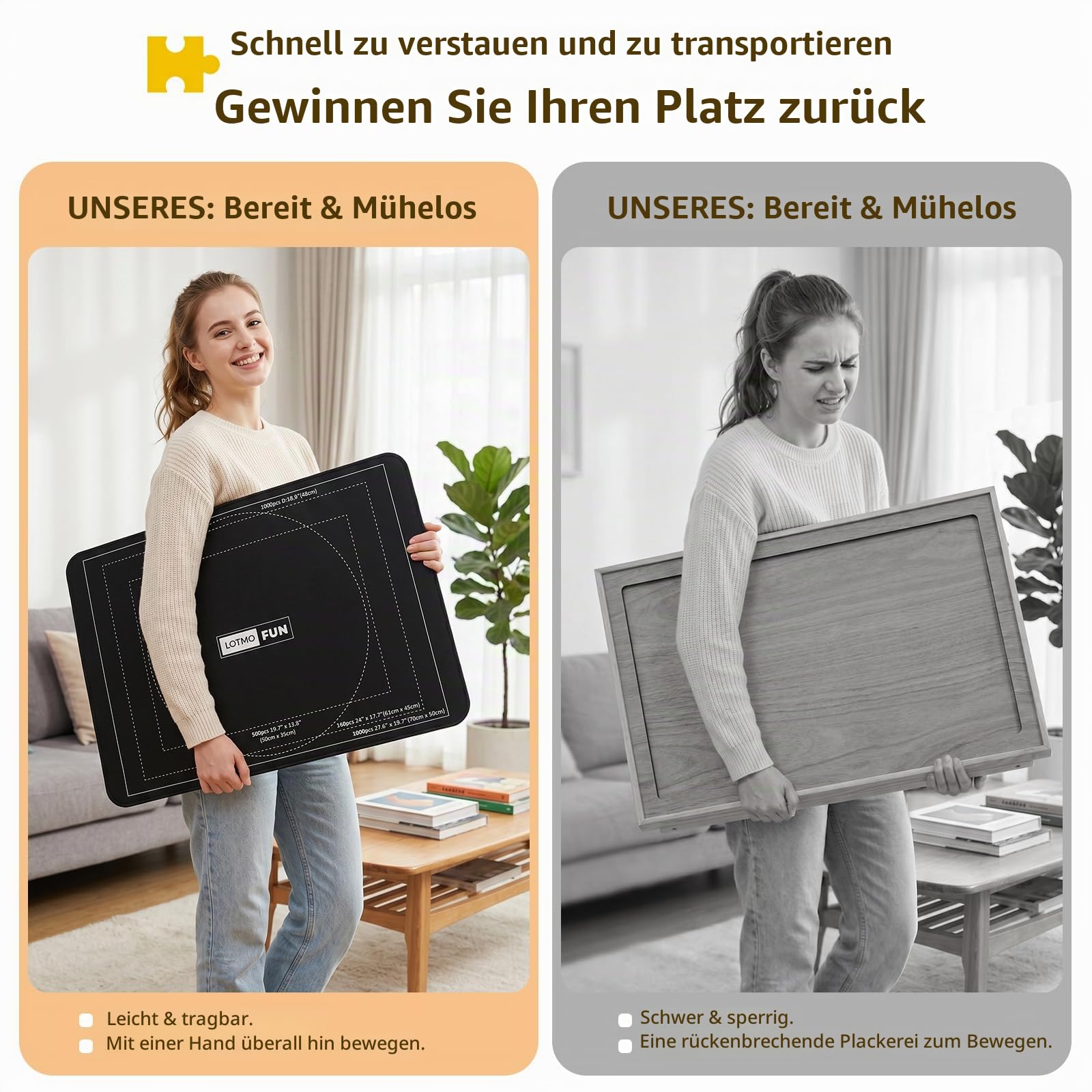 Puzzlebrett für 1000 Teile mit patentiert verstellbarem Ständer | leichtes Filz-Puzzlebrett mit 6 Tablett und Abdeckung, tragbarer Puzzletisch mit Aufbewahrung und Rutschfester