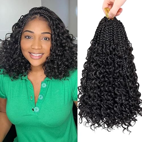 Miniatura 7 de Goddess Box - Trenzas de cabello de ganchillo de 10 pulgadas, trenzas de caja bohemia con extremos rizados, cabello sintético bohemio 3X para
