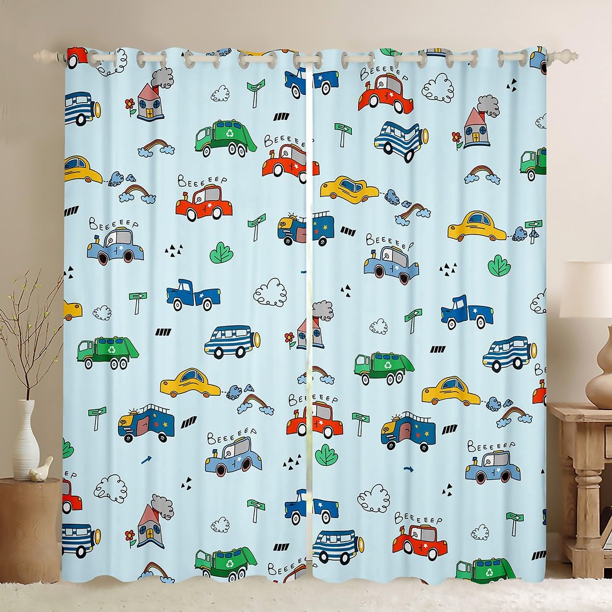 Homemissing Cartoon Car Blackout Curtains(30%-50%) Cartoon Car Window Curtains Cars Bus Print Window Dreapes for Kids Boys Girls Cartoon Farm Tractor Window Treatments Vehicle W46*L54