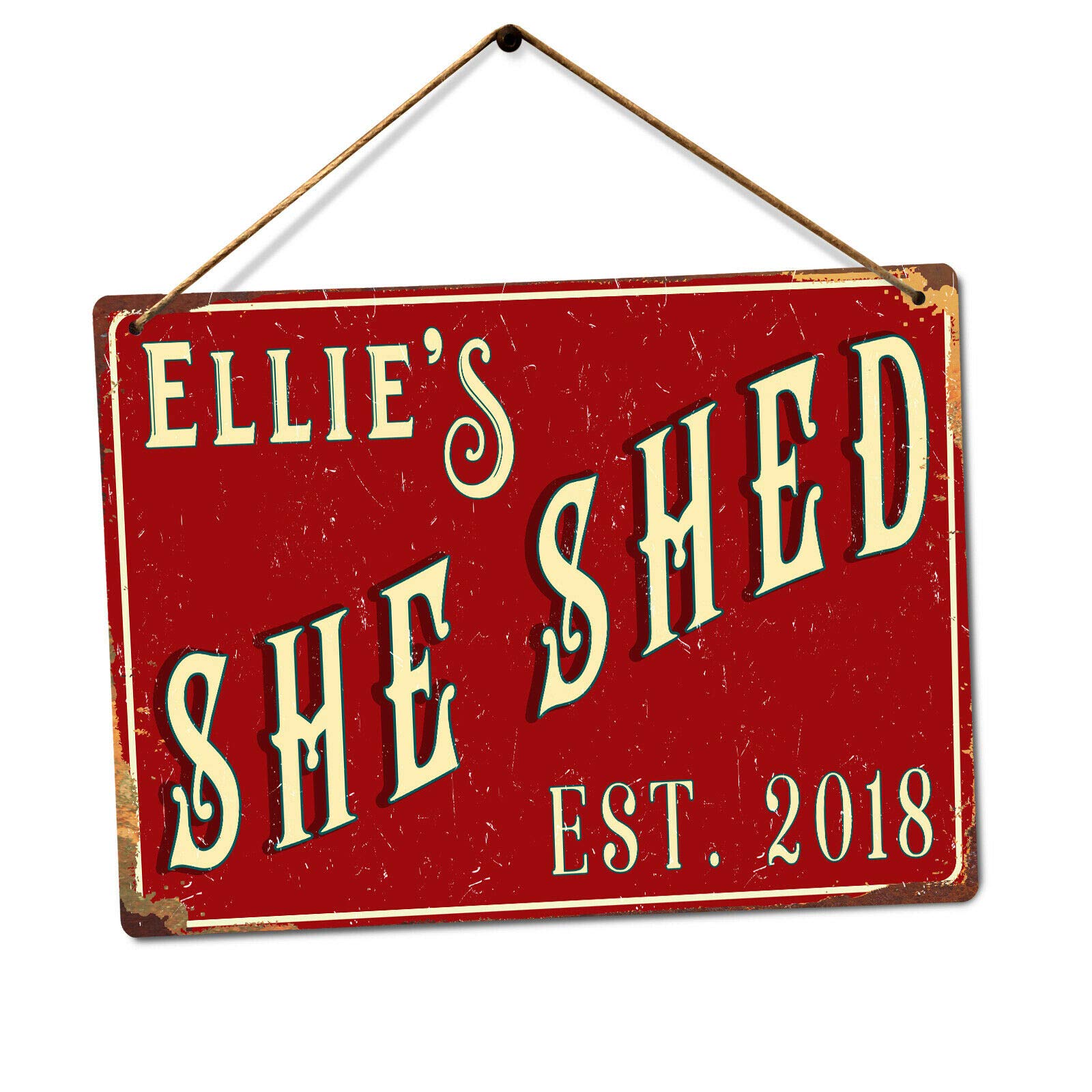 Personalised SHE SHED - Custom Name - Red – Small Twine | Printed Metal Wall Sign Plaque