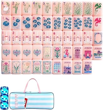 American Mahjong Tiles Set, 160 Pcs Premium Translucent Acrylic Tiles with Exquisite Carrying Bag, Clear Engraved Western Game with Dice for Adults, Portable Home Travel Social Gathering Paris Pink