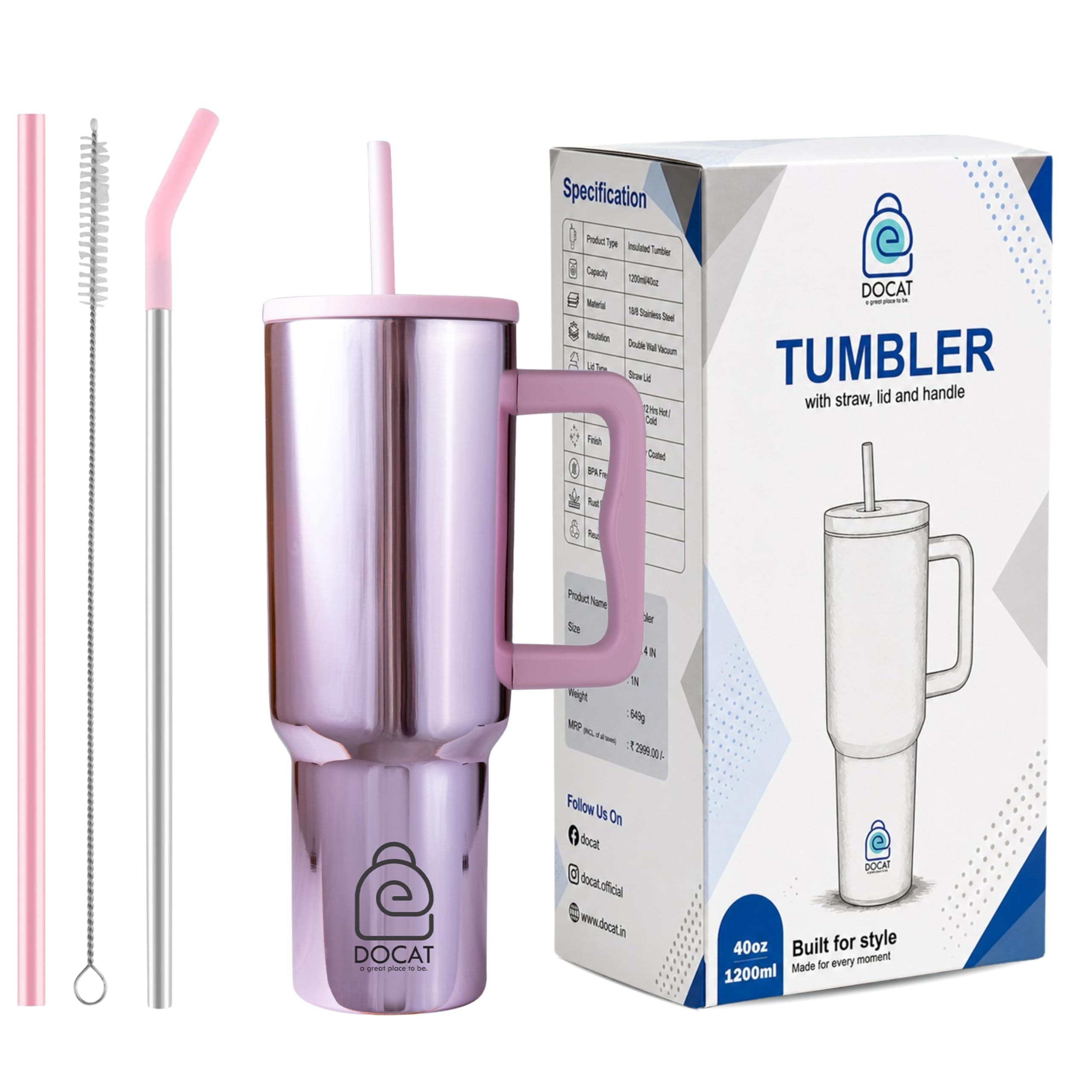 DOCAT 1200ML Stainless Steel Tumbler with Lid and Straw, Hot and Cold Double Insulated Sipper Mug, 100% Leak Proof Coffee Tumbler Cupholder for Office, Gym, Travelling (Glossy Pink)