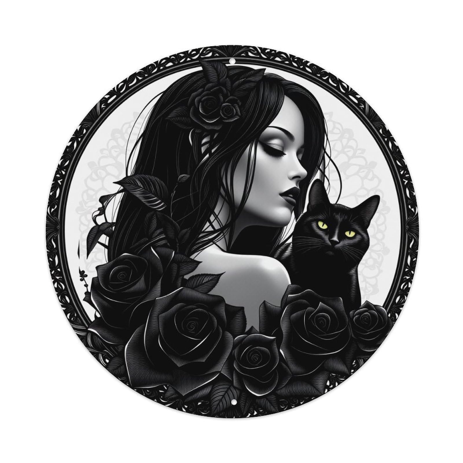 Black Rose Woman Cat Gothic Art Pattern Print Metal Tin Sign Plaque