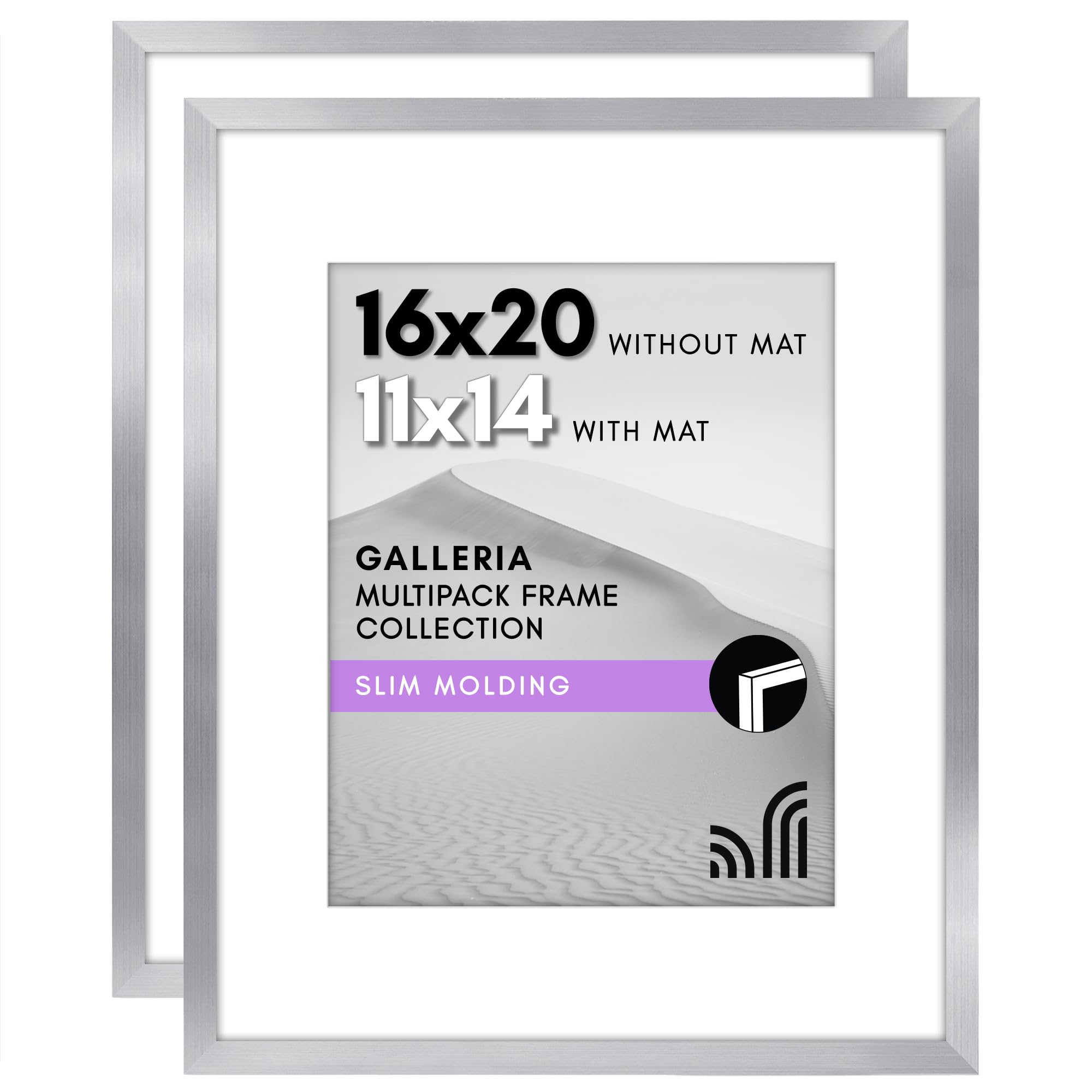 Americanflat 16x20 Picture Frame with Polished Plexiglass - Set of 2 - Use as 11x14 Frame with Mat or 16x20 Frame Without Mat - Galleria Collection - Gallery Wall Frame Set for Wall Display - Silver