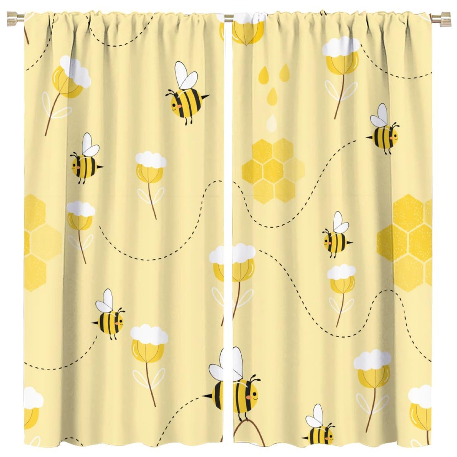 HZOHNAGO Bee Curtain Cute Bees Yellow Flower Honey Blackout Print Rod Pocket Window Drapes for Bedroom Living Room 42x54in