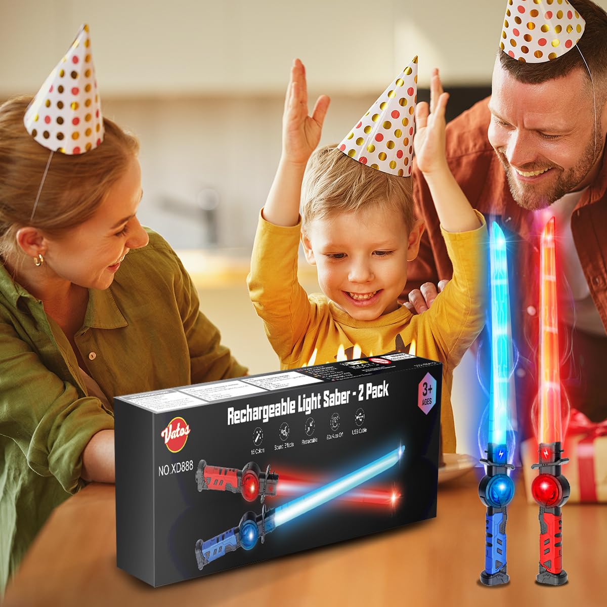 VATOS 2PCS Spade Luminose Ricaricabili per Bambini, 15 Colori Variabili con Effetti Sonori di Combattimento, Giocattolo di Spada Luminosa LED Retrattile 2 in 1 per Cosplay, Feste su Samurai