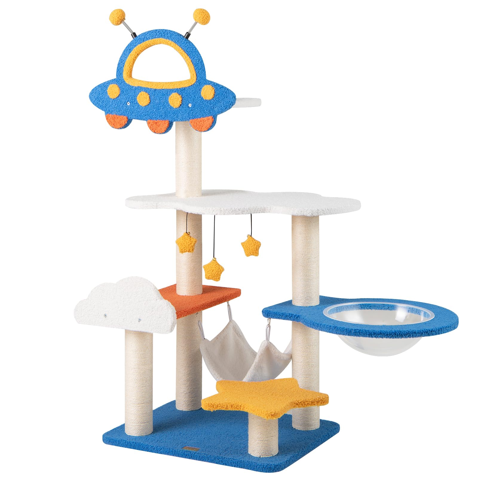 GYMAX Albero per Gatti Alta 124 cm, Torre Multilivello a Tema Spaziale per Gattini, Capsula Spaziale, Amaca, Tiragraffi in Sisal, Piattaforme a Nuvola e Stella, Palline Pendenti e a Molla