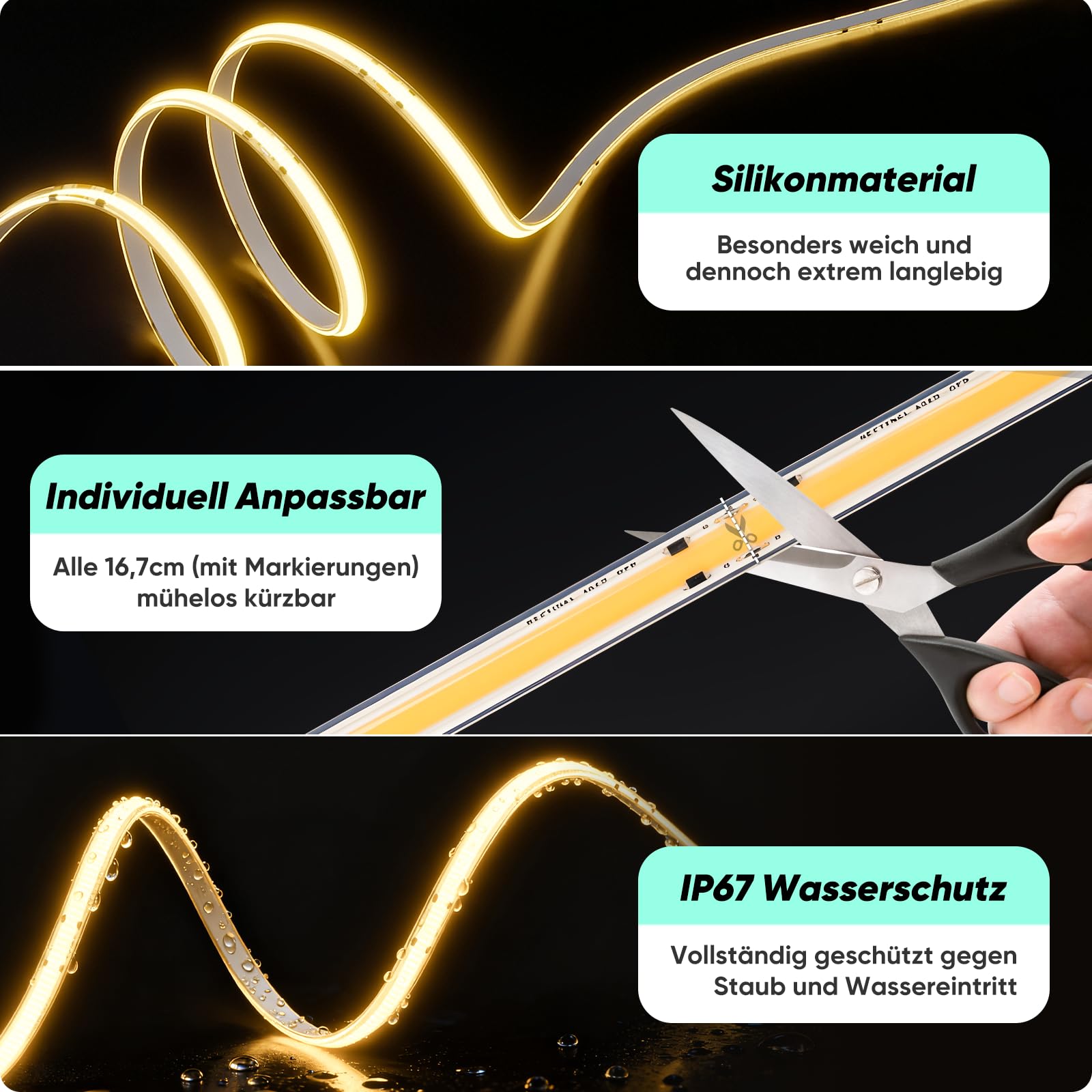 GZBtech 230V COB LED Streifen 5m 3000K warmweiß, CRI90+ selbstklebend silikon Lichtband, 1000lm/m Aussenbereich strip light für TV Hintergrundbeleuchtung schrank beleuchtung Schlafzimmer, CE-Listed
