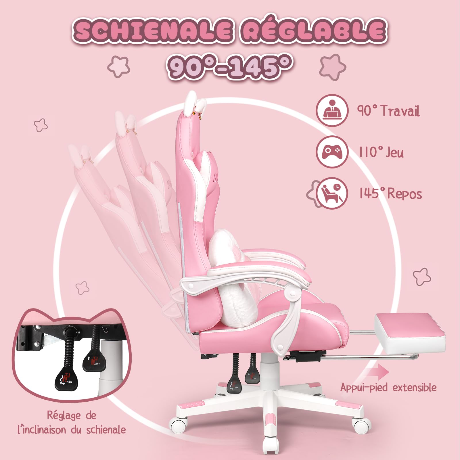 Waleaf Chaise Gaming Rose Ergonomique, Fauteuil de Gamer avec Repose-Pieds, Appui-tête, Soutien Lombaire, PU Cuir Chaise Bureau Réglable en Hauteur, Fauteuil Gaming pour Adultes Enfants, Rose