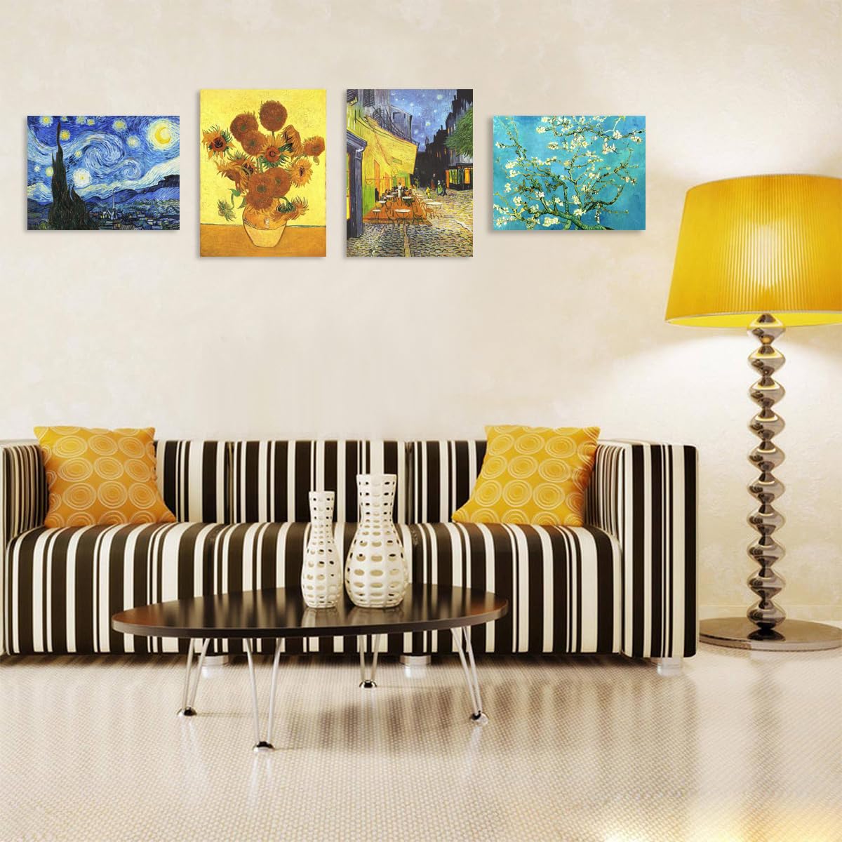 Fokenzary - Kit de pintura por números para adultos, manualidades, lienzo de «Café nocturno estrellado» con girasoles y albaricoques de Van Gogh, con caballete y pintura acrílica, con marco (20x30 - 4