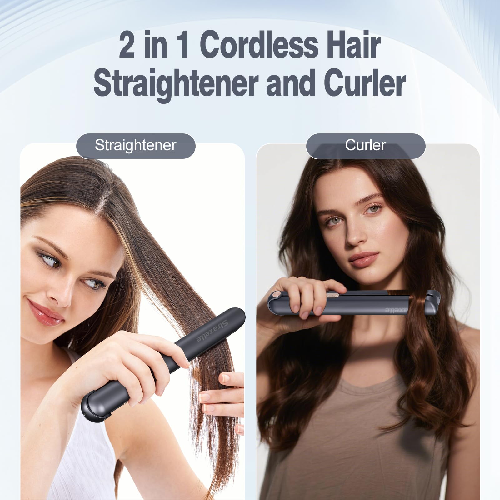 Piastra e Arricciacapelli 2 in 1 Senza Fili, 10000mAh Piastra Capelli, Display LED con 4 Temperature (160°C-220°C), Ioni Negativi Cordless Hair Straightener Senza Fili Ideale per Viaggio (Blu Scuro)