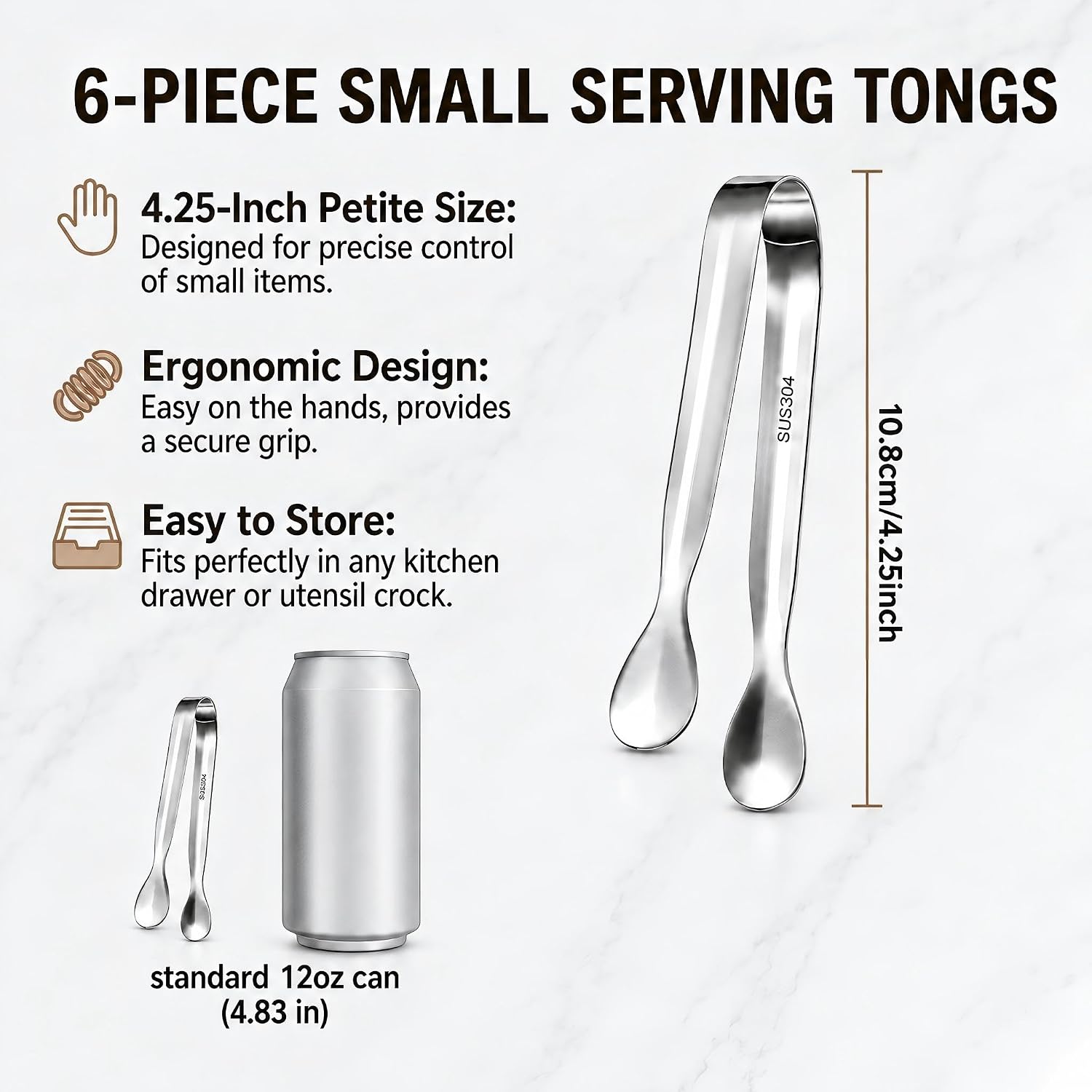 6-Pack Silver Mini Serving Tongs, 4.25" 304 Stainless Steel Appetizer Tongs