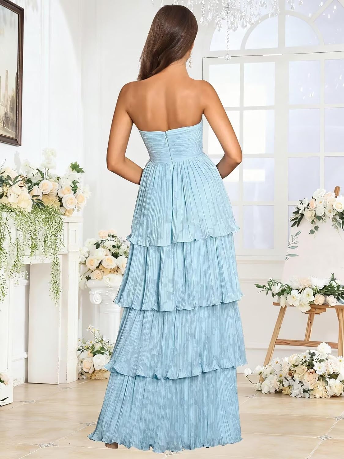 Strapless Floral Prom Dresses for Women 2026 Long Tiered Pleated Bridesmaid Dresses