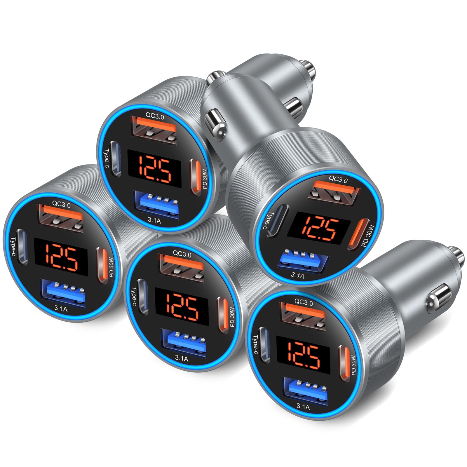 Car Charger 5 Pack, 65W 12V USB Multi Port QC/PD 3.0 Fast Charge Cigarette Lighter Adapter Dual USB-C &amp; USB-A Cargador Carro Car Phone Charger Plug for iPhone 17 16 15 14 13 Galaxy Android(Gray)
