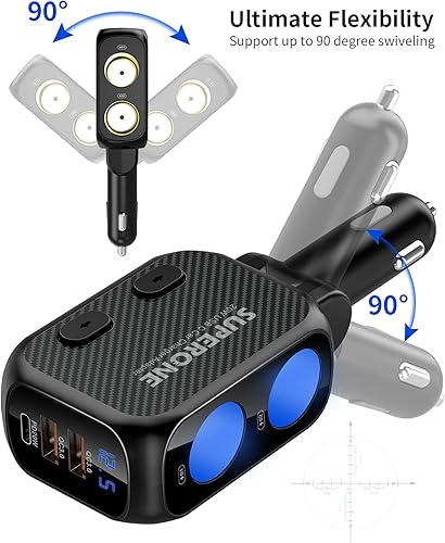 Miniatura 6 de SUPERONE Divisor de encendedor de cigarrillos de 180 W con PD de 20 W, adaptador de encendedor de cigarrillos de 2 enchufes, cargador rápido USB C
