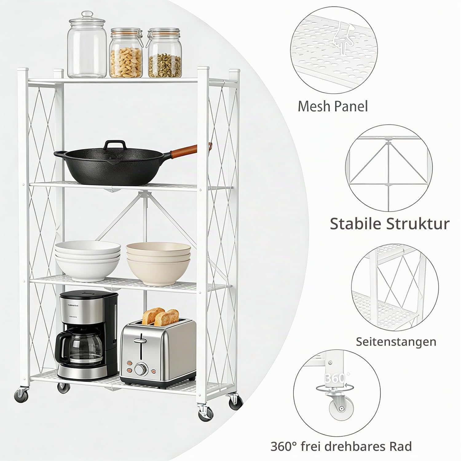 4 Etagen Klappregal mit Rollen, Metallregal,Weiß
