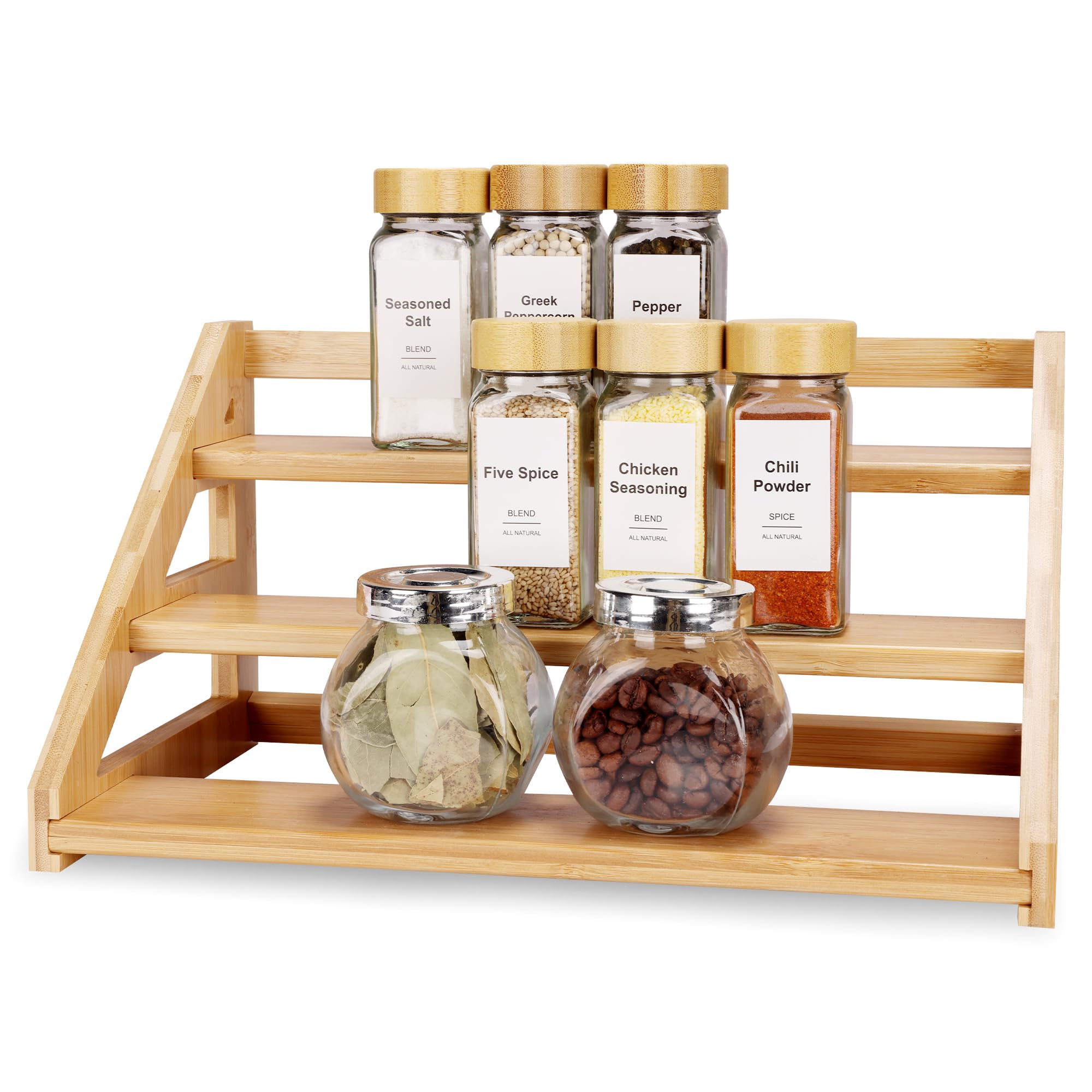 MNADSFKJ 3-Tier Bamboo Spice Rack, Ideal for Kitchen Countertops, Cabinets Pantries - Modern Design, Space-Saving (Spice Bottles Not Included)