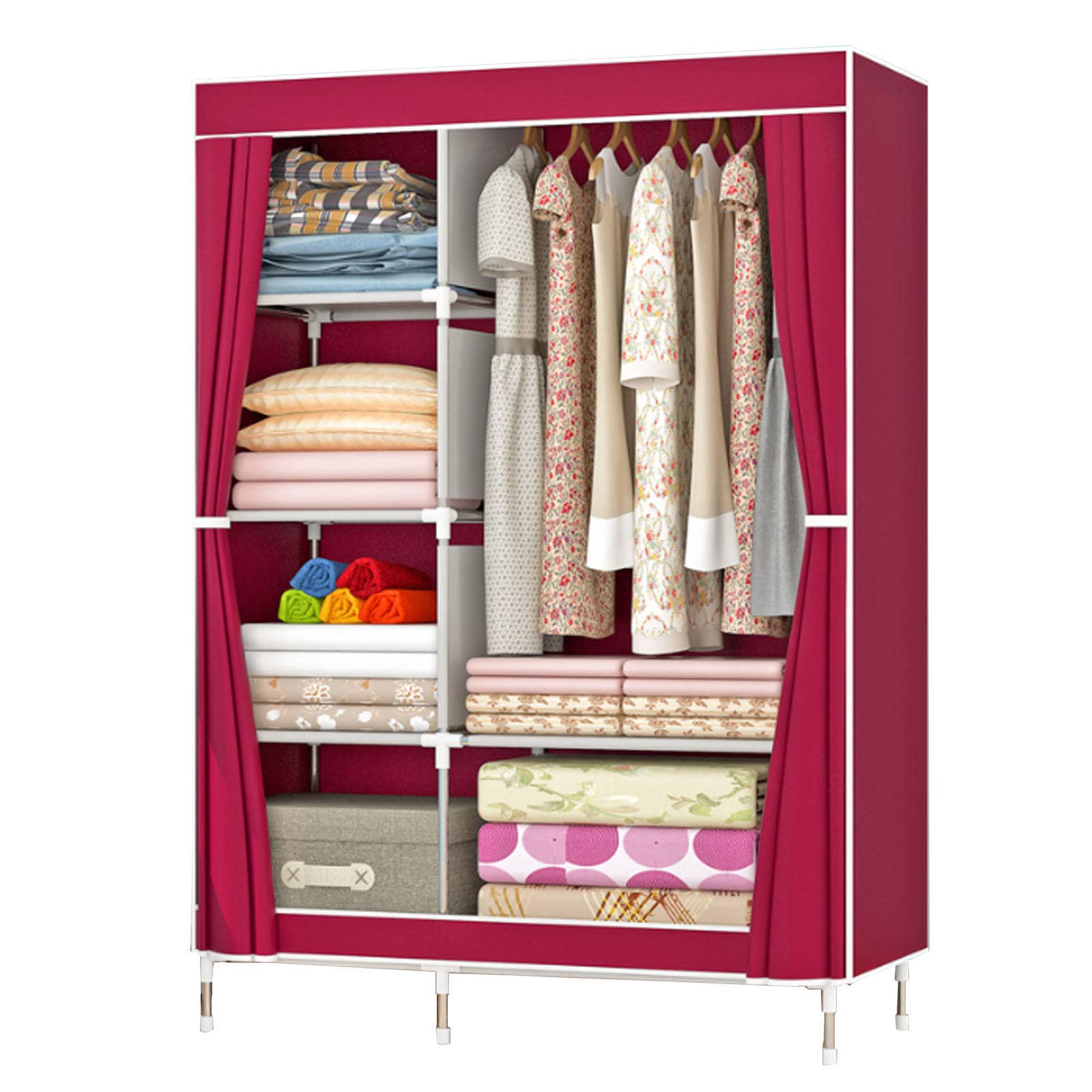 Armarios de lona portátiles de 90x43x163 cm con barra para colgar ropa en color rojo