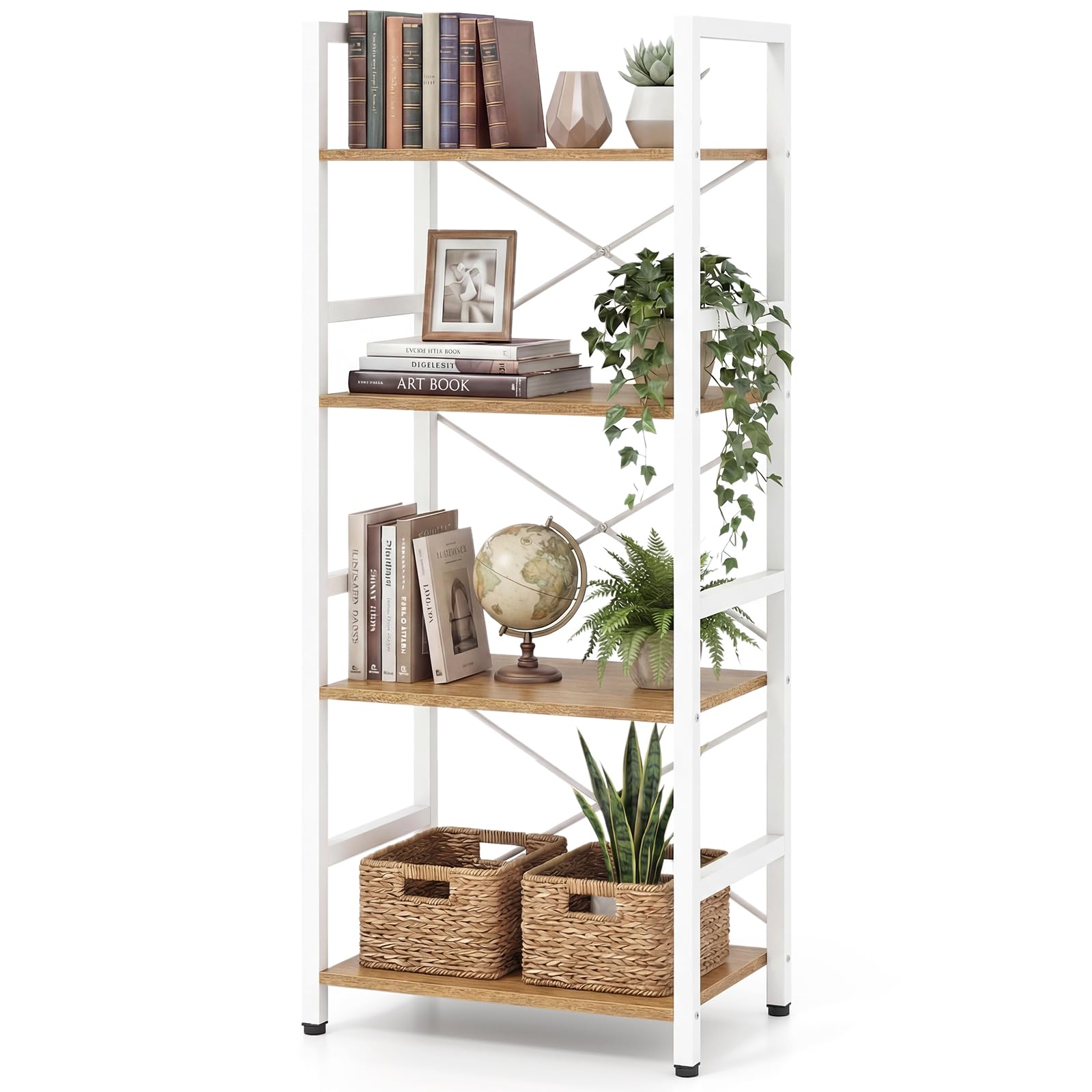 COSTWAY 4-Tier Shelving Unit, Wooden Storage Bookcase Ladder Bookshelf with X-Shaped Bar, Freestanding Metal Frame Display Rack Plant Stand (Natutral+White, 41 x 27 x 100 cm) — image 1