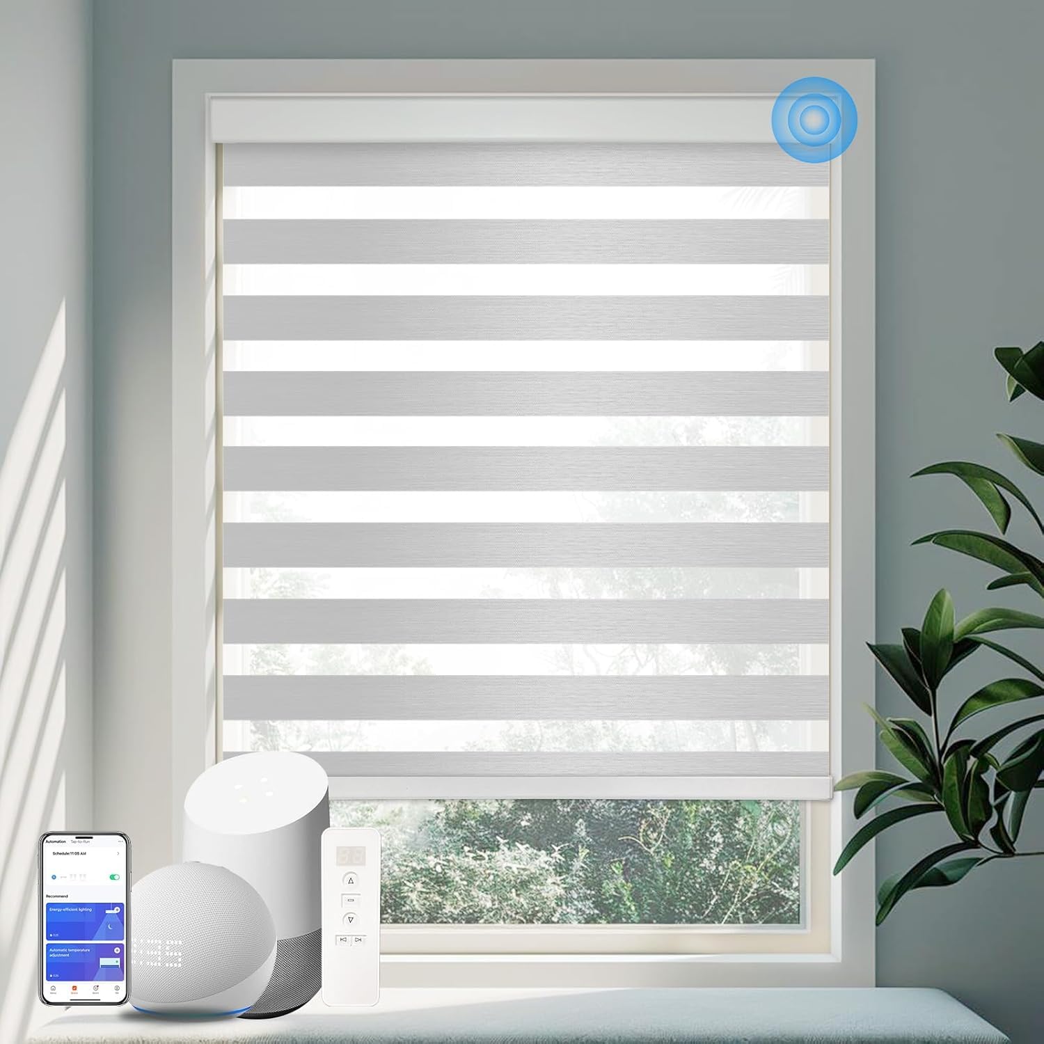 Motorized Zebra Blinds Custom Size Smart Dual Layer Shades for Windows with Remote | Assembled in USA | Electric Day and Night Privacy Light Filtering Rechargeable Quiet Motor Window Shades