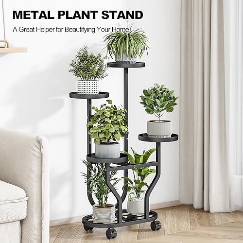 Miniatura 7 de Soporte para plantas para interiores y exteriores, soporte de flores de 4 niveles con ruedas, estante de metal para plantas, estante de exhibición