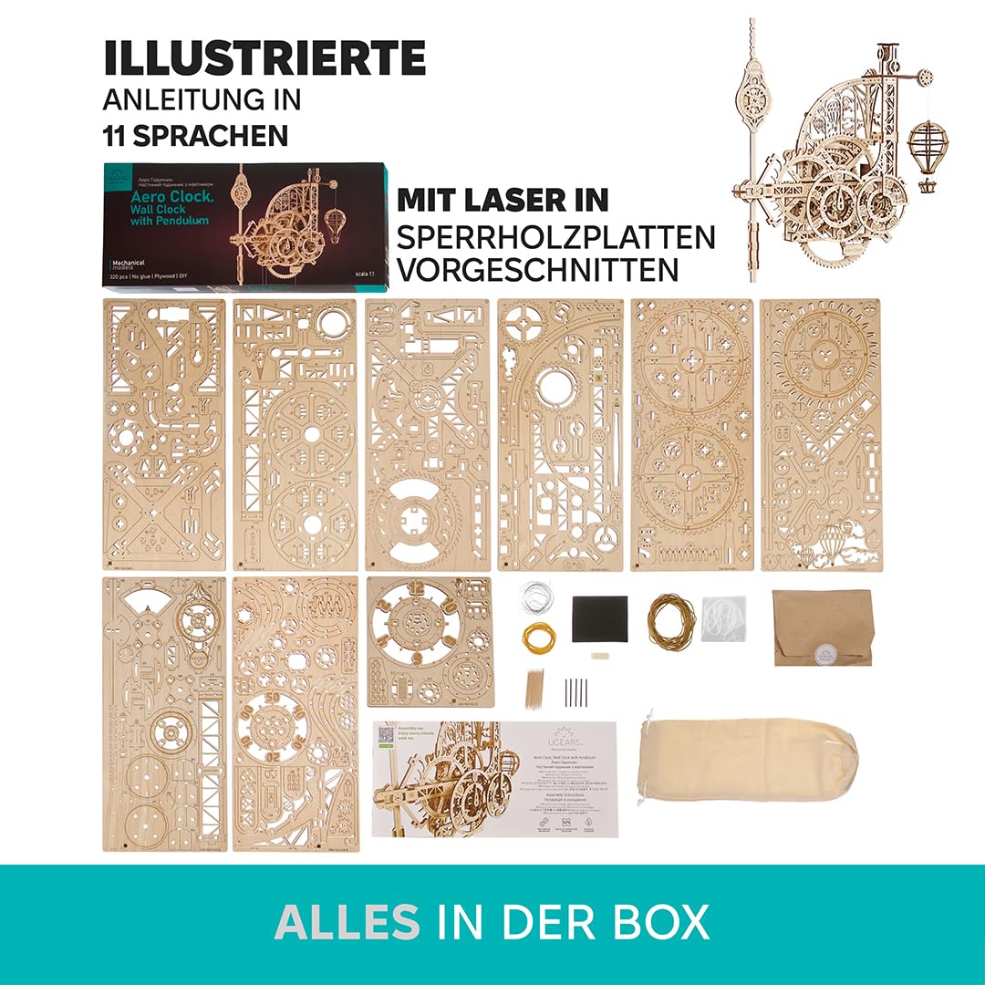 Ugears Aero Clock 3D Holzpuzzle Erwachsene - Wanduhr Modellbausatz Erwachsene - Mechanische Pendeluhr Bauset mit Schwerkraft-Antrieb Holz Modellbau 3D Puzzle Geburtstagsgeschenk- 320 Teile