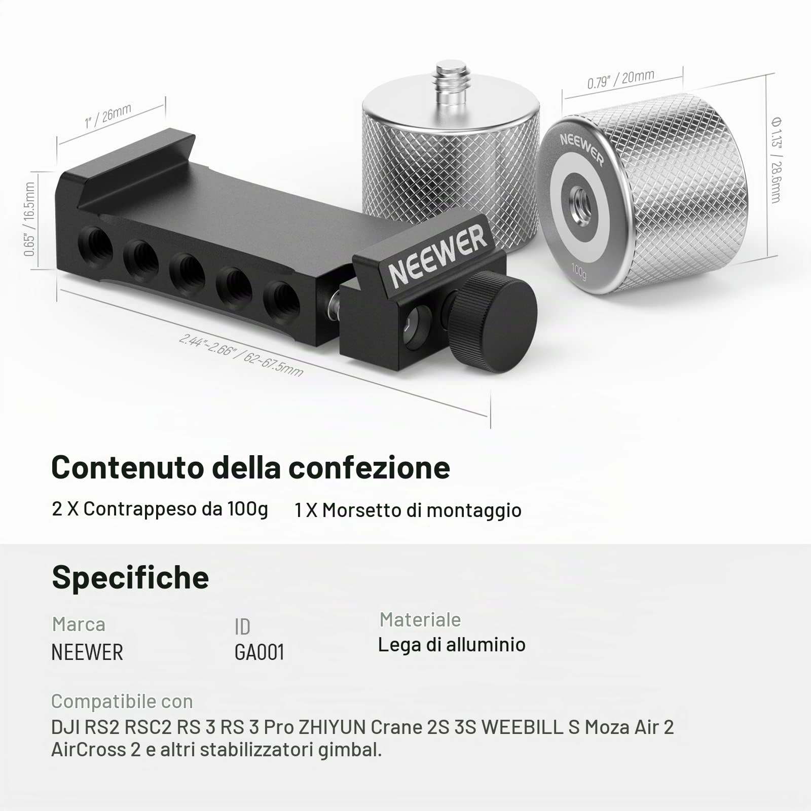 NEEWER Kit Contrappesi Gimbal e Morsetto, Compatibile con DJI Ronin RS4 Pro RS4 RS3 Pro RS3 RS2 RSC2 ZHIYUN Crane 2S 3S Weebill S Moza Air 2 AirCross 2 per il Bilanciamento di Obiettivi Lunghi, GA001
