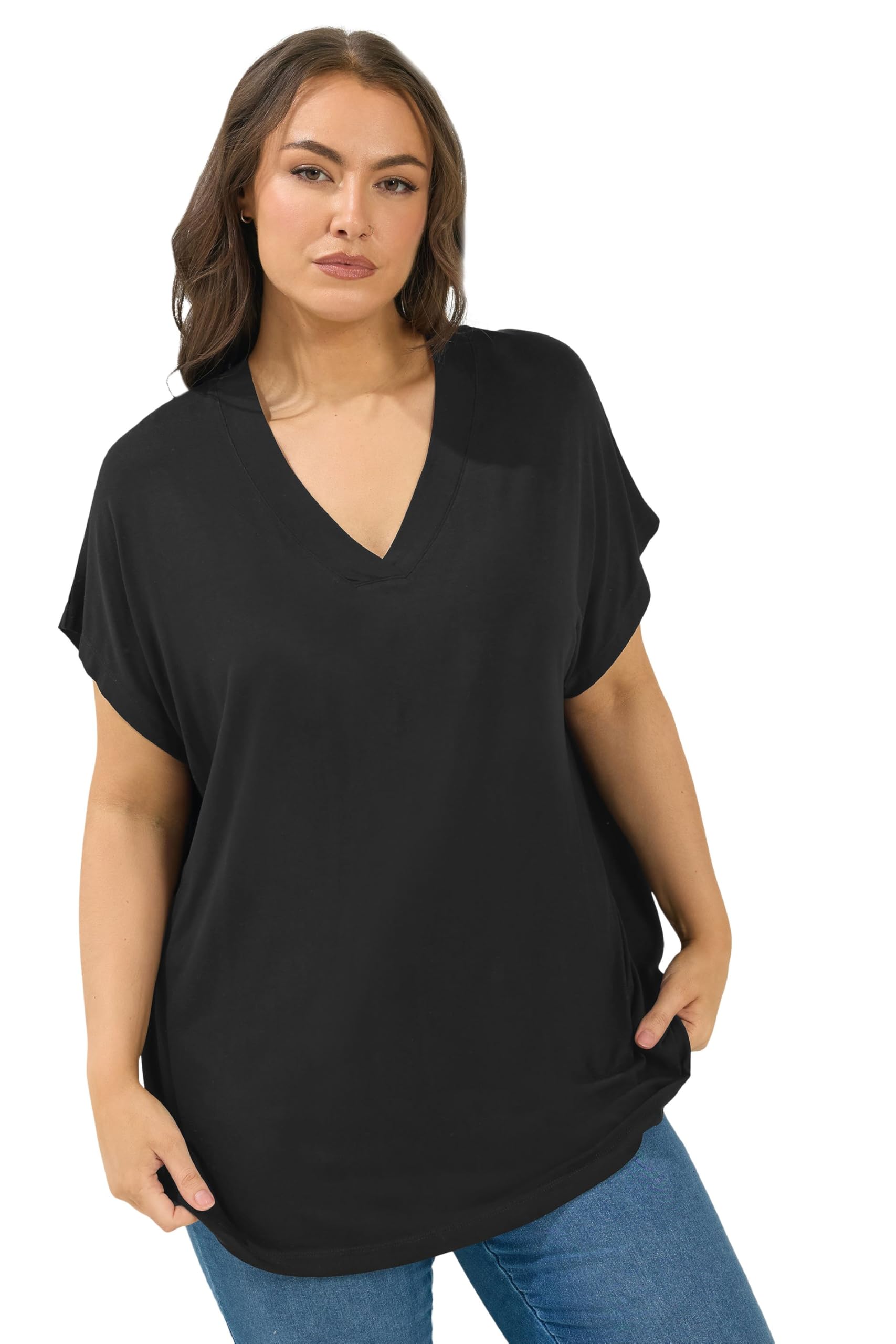 Yours Women's Black Grown-On Sleeve T-Shirt In Size 30-32