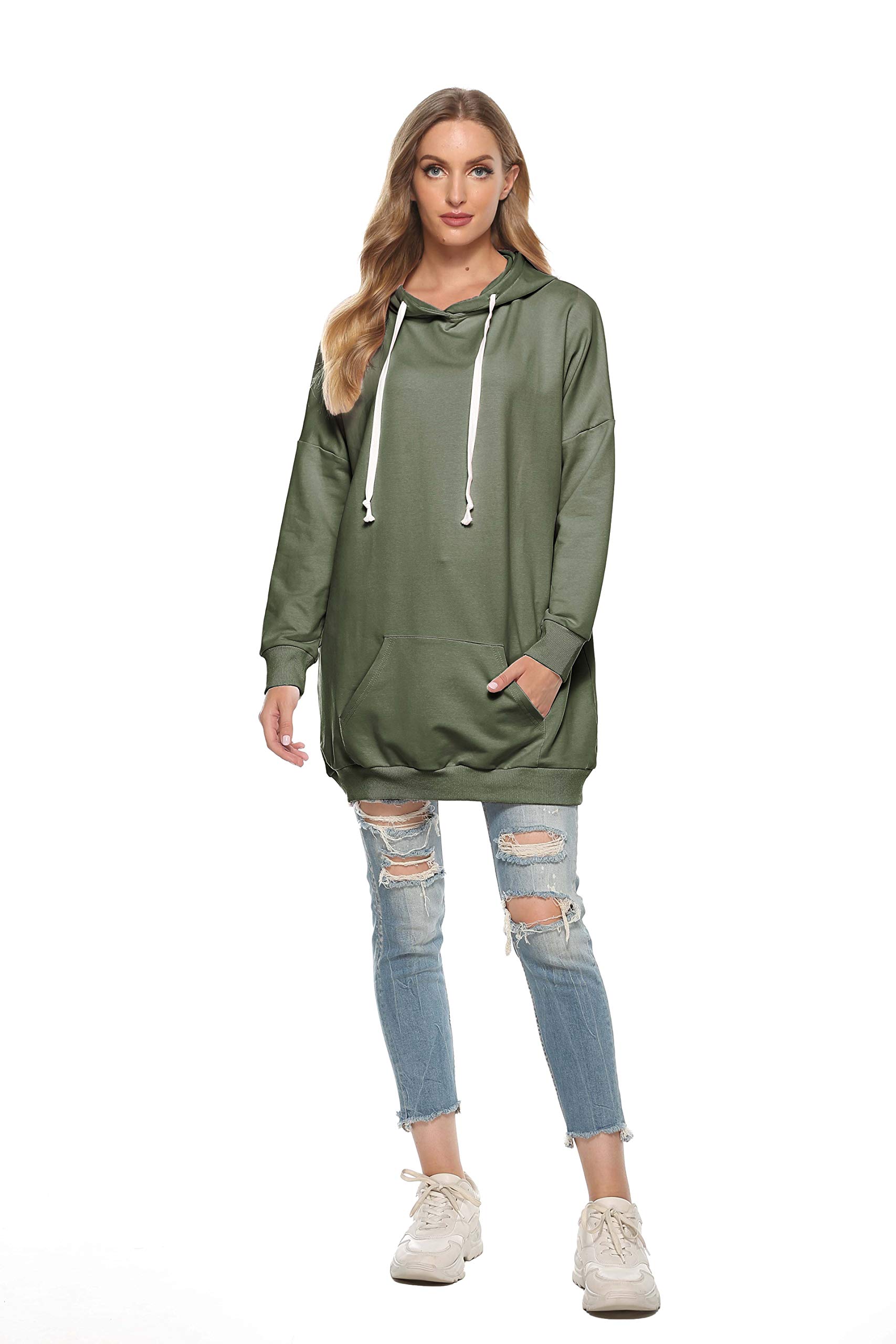 Famulily Damen Oversized Hoodie Kleid Baumwolle Lang Sweatshirt mit Kapuze Einfarbige Kapuzenpullover und Taschen und Kordelzug