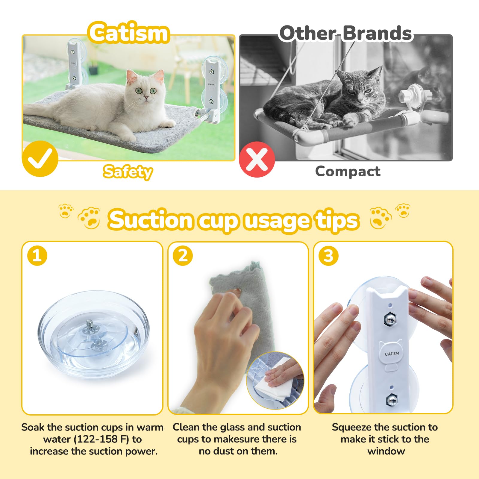 CATISM Pliable Hamac Chat Fenetre Jusqu'à 20kg, Hamac pour Chat Renforcé avec Ventouse Puissante, Coussin en Tissu Double Face, Sac de Couchage pour Chats (52 x 30), Gris